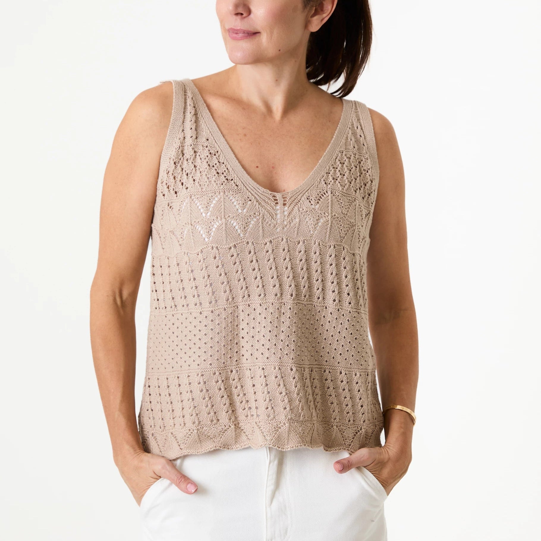 Cotton Mix Pointelle V Neck Vest Top