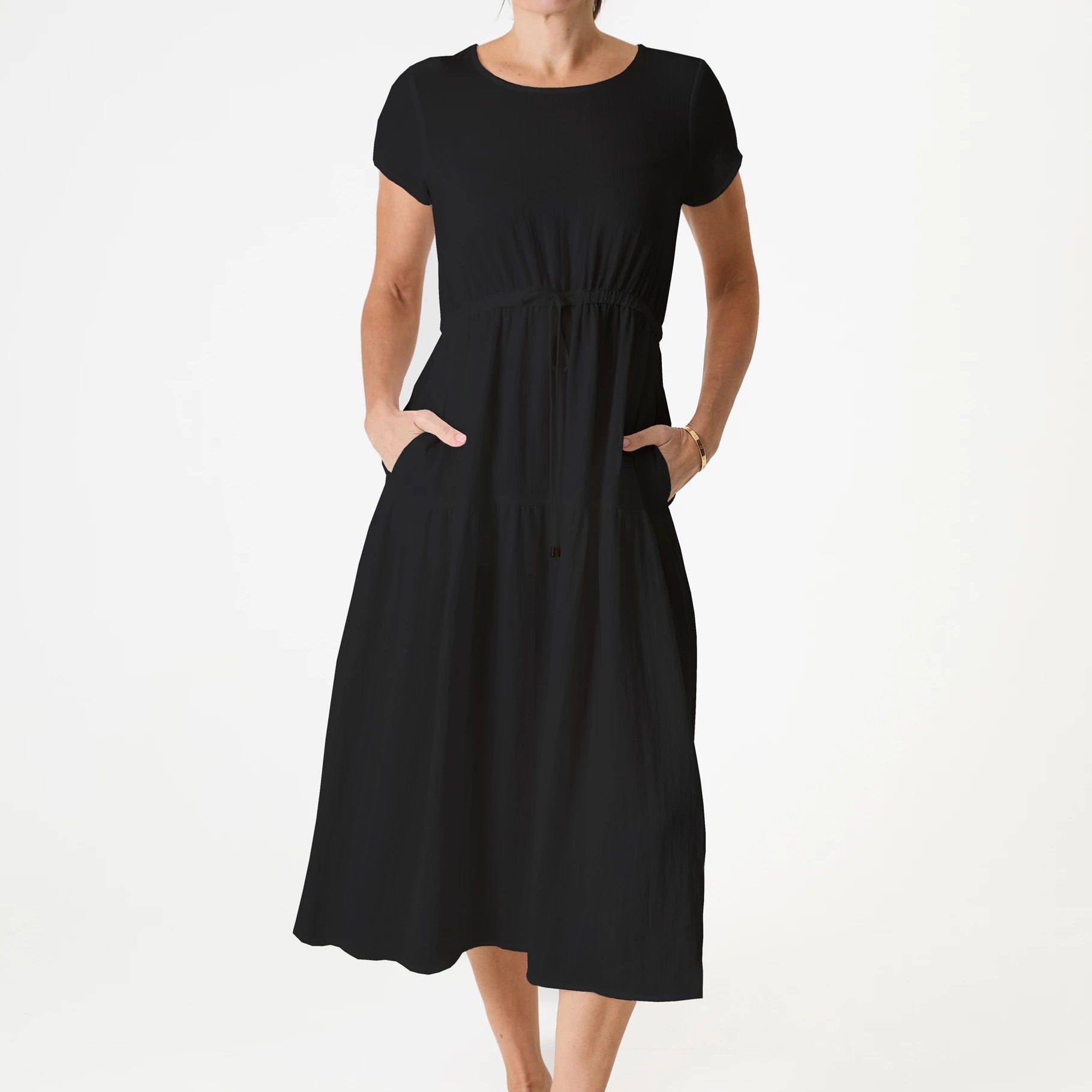 Ripple Round Neck Drawstring Waist Dress
