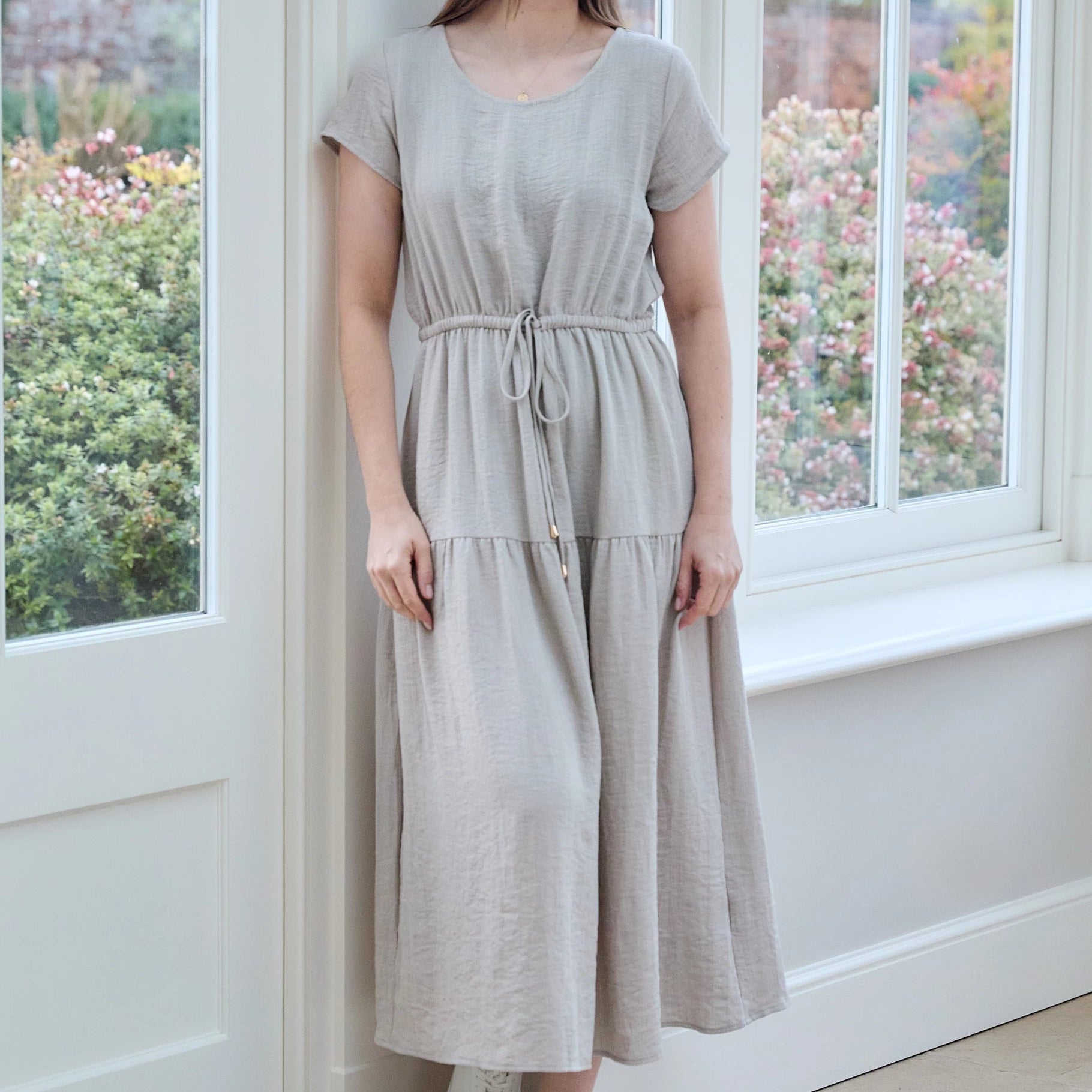 Ripple Round Neck Drawstring Waist Dress