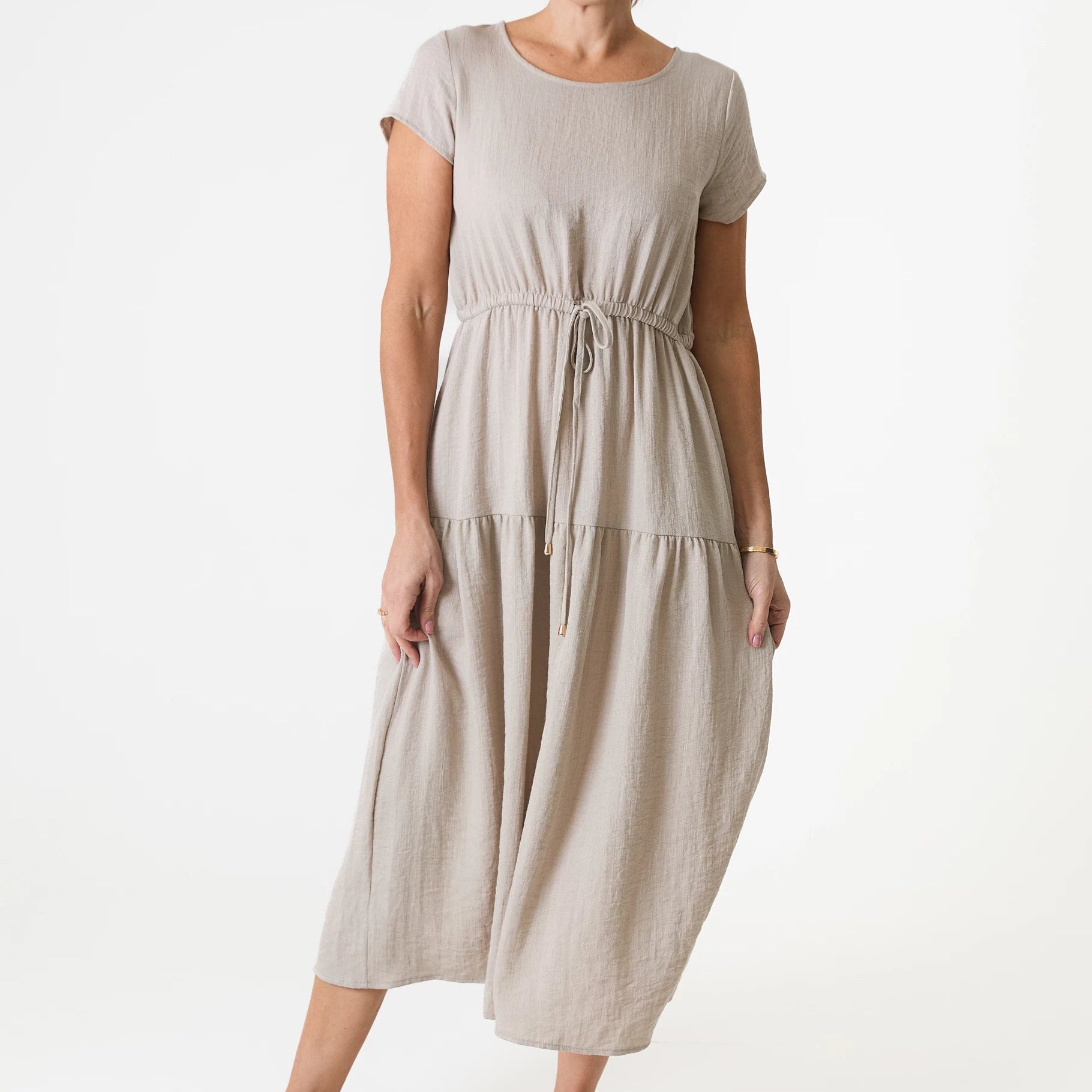 Ripple Round Neck Drawstring Waist Dress