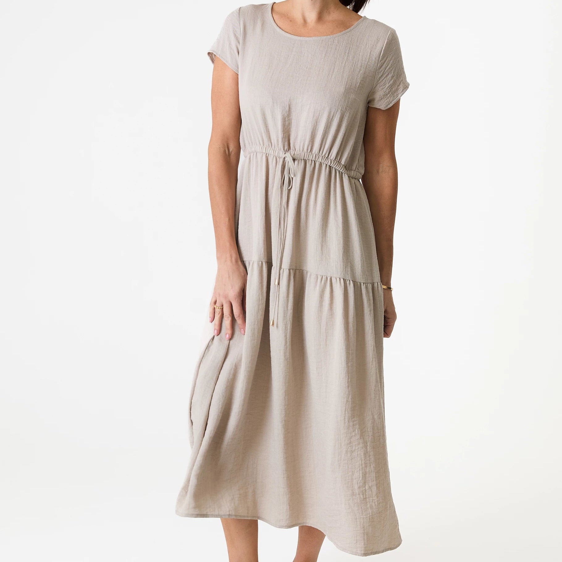 Ripple Round Neck Drawstring Waist Dress