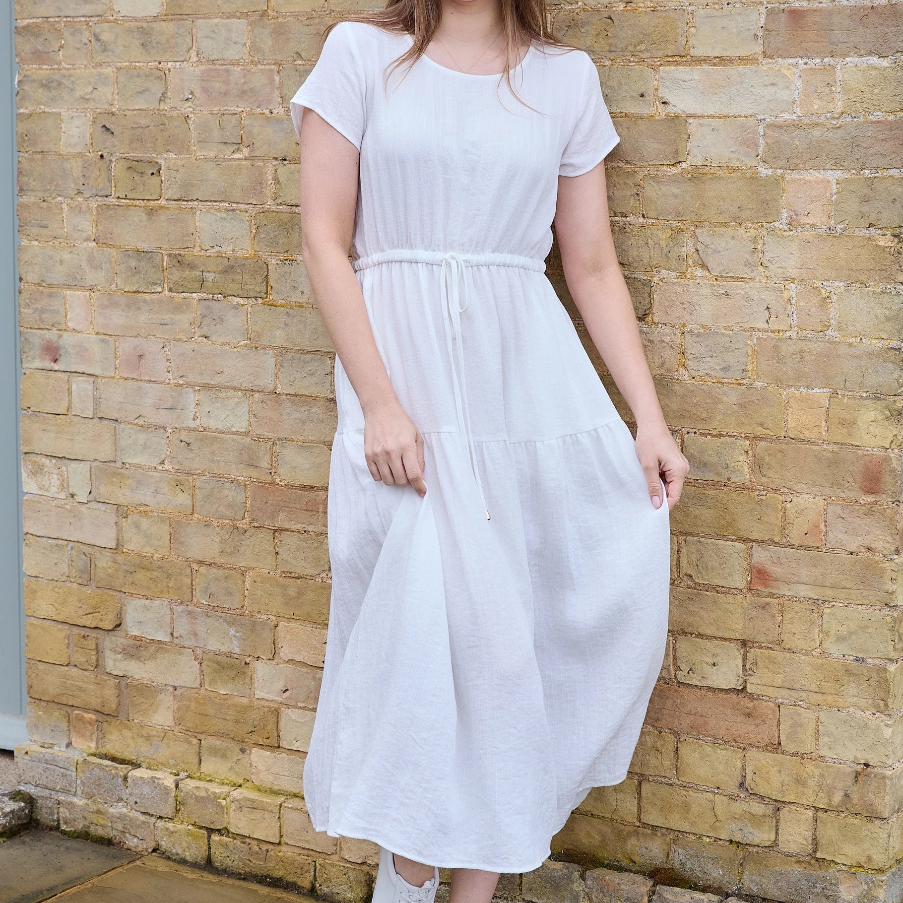 Ripple Round Neck Drawstring Waist Dress