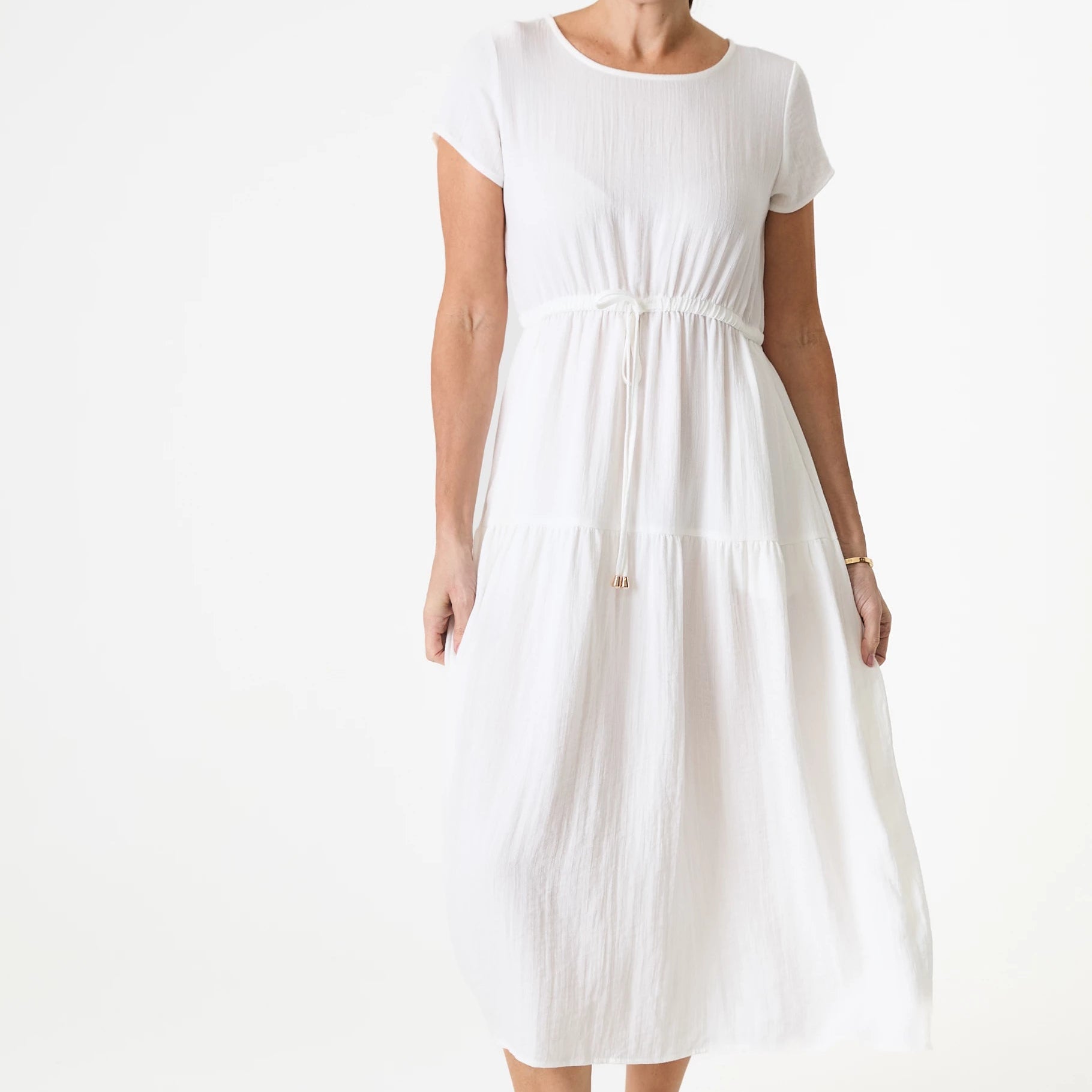 Ripple Round Neck Drawstring Waist Dress
