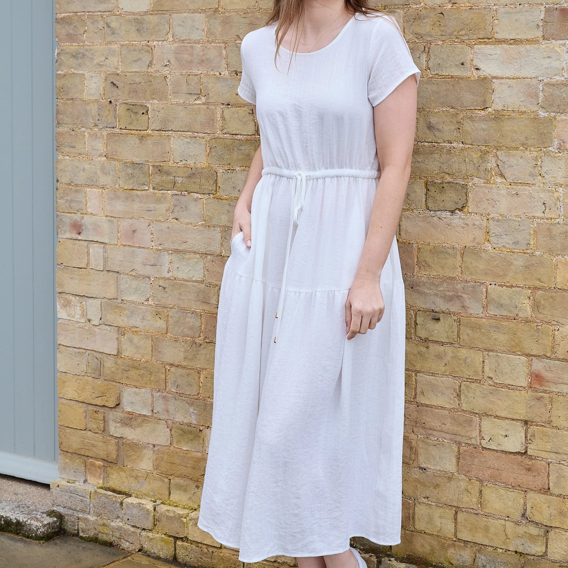 Ripple Round Neck Drawstring Waist Dress