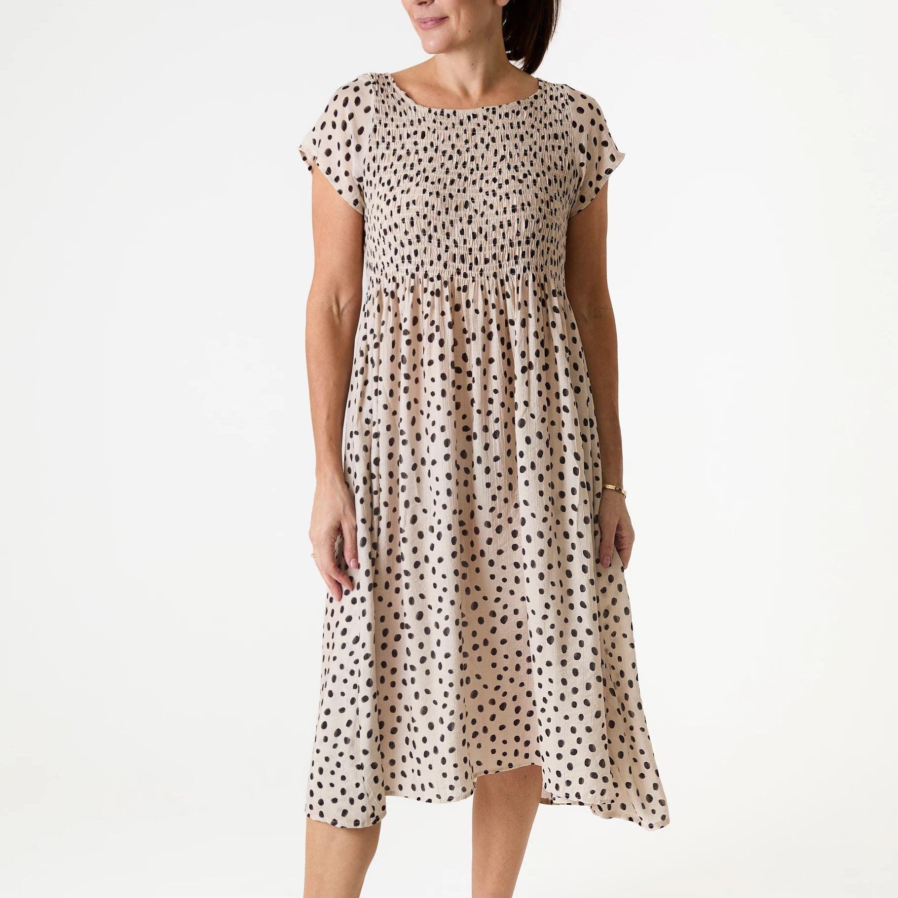 Smudge Spot Short Sleeve Shirring Dress