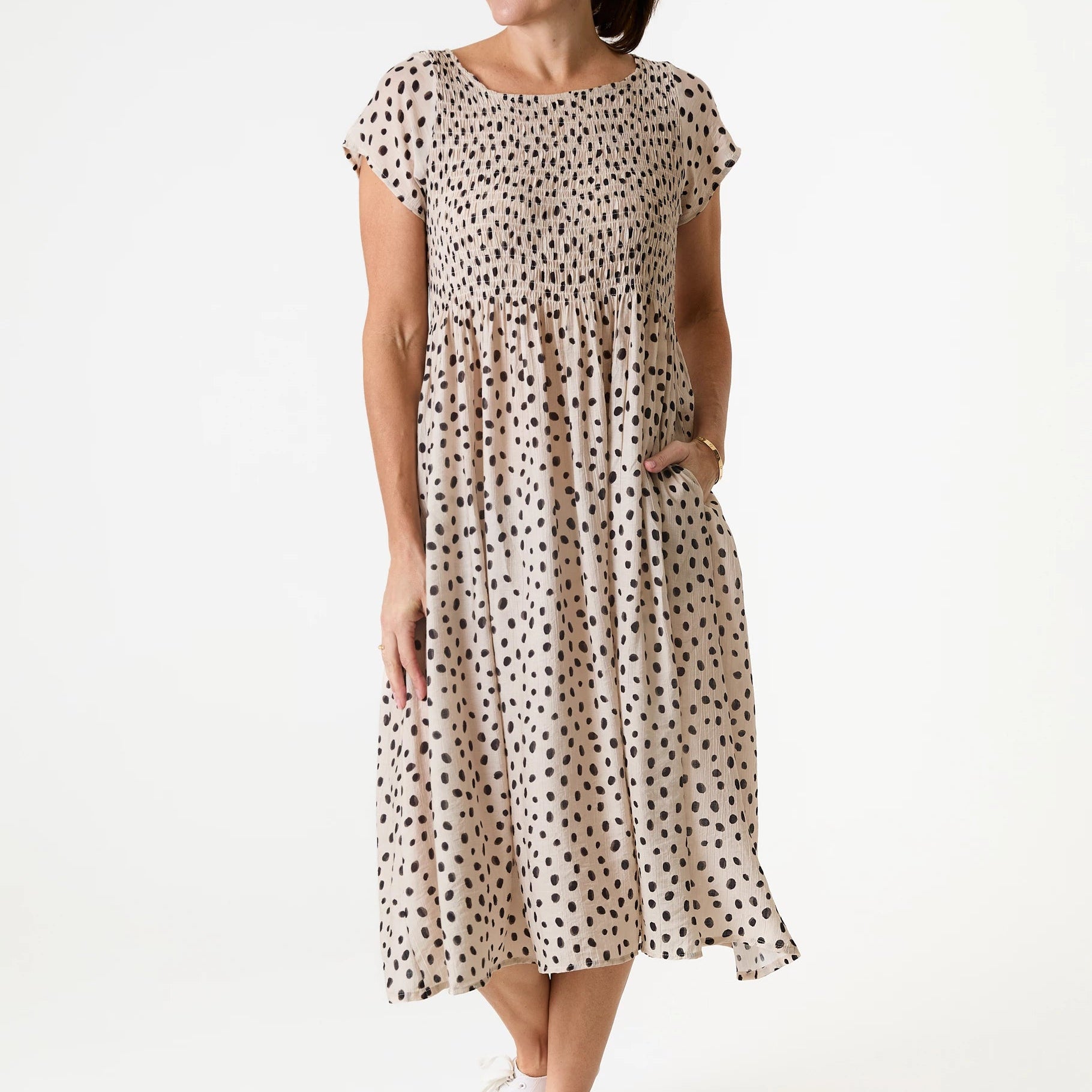 Smudge Spot Short Sleeve Shirring Dress