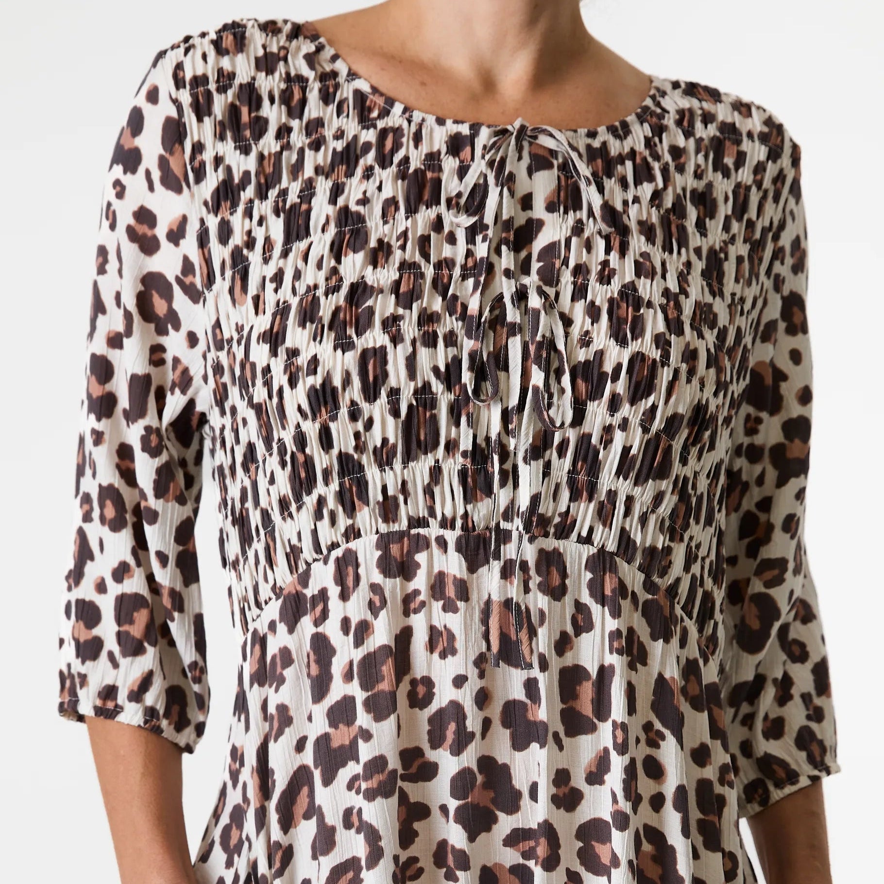 Leopard Smudge Shirred Tie Front Midi Dress