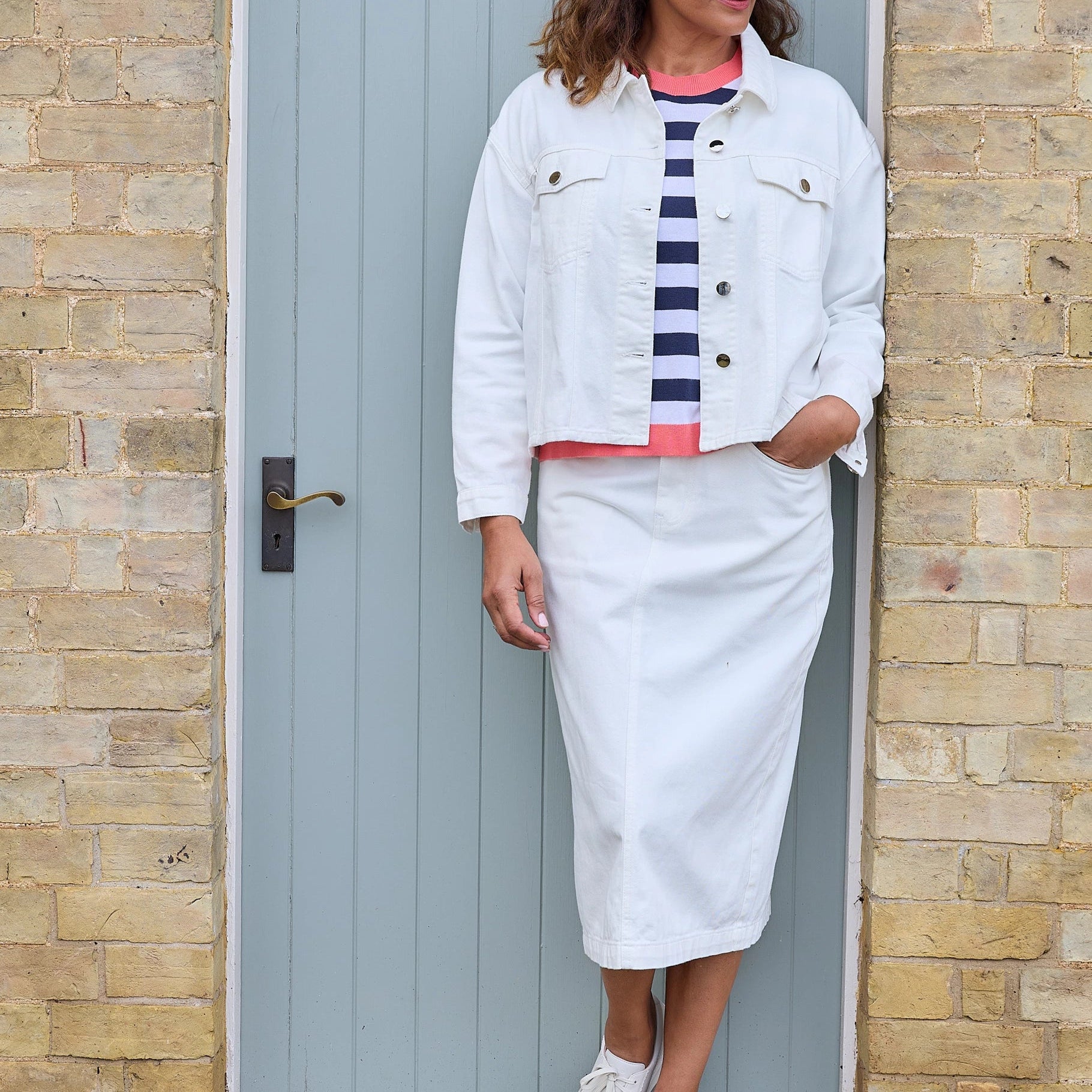 Cotton Twill Split Detail Midi Skirt