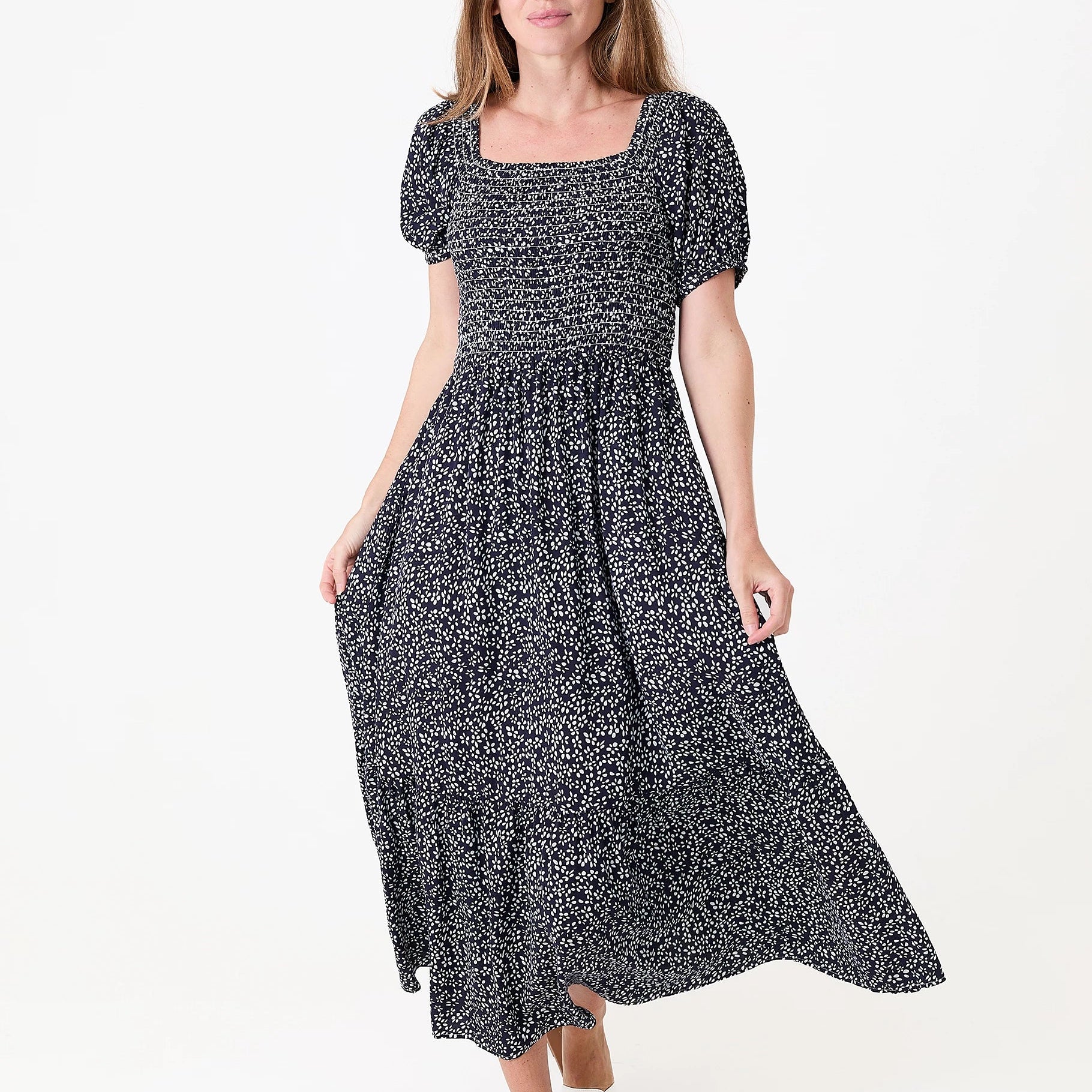 Mono Ditsy Shirred Bodice Maxi Dress