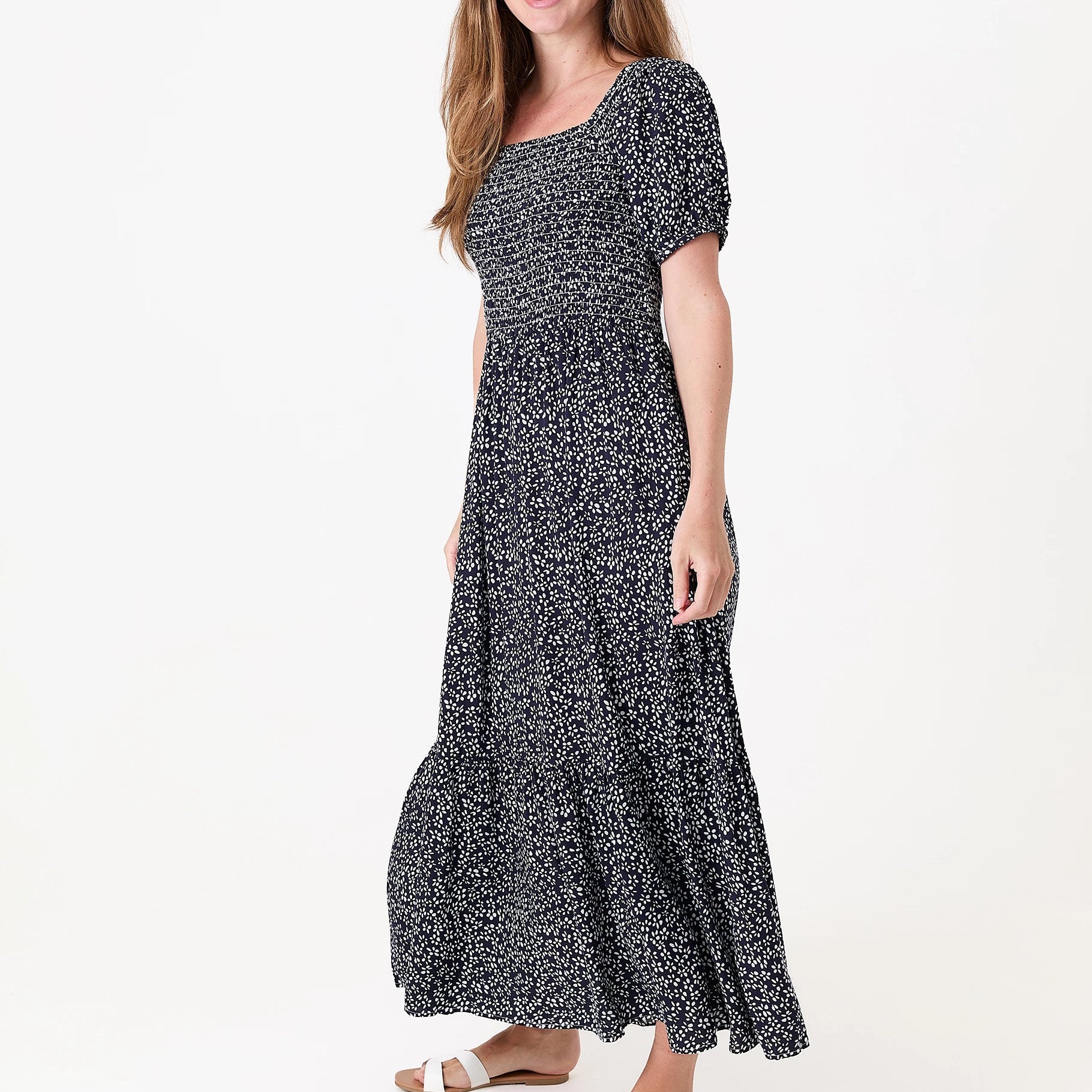 Mono Ditsy Shirred Bodice Maxi Dress