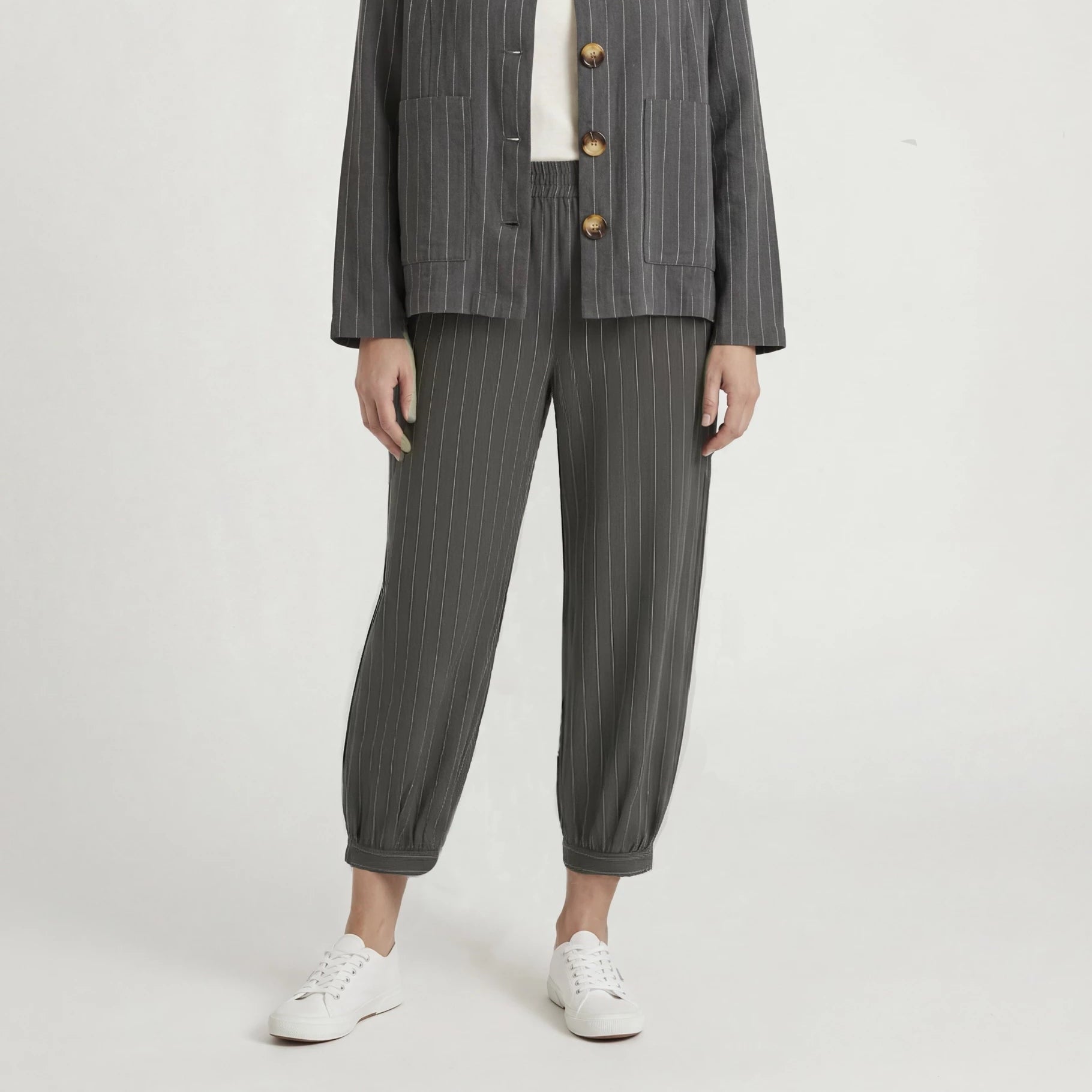 Linen Pinstripe Cropped Barrel Leg Trouser