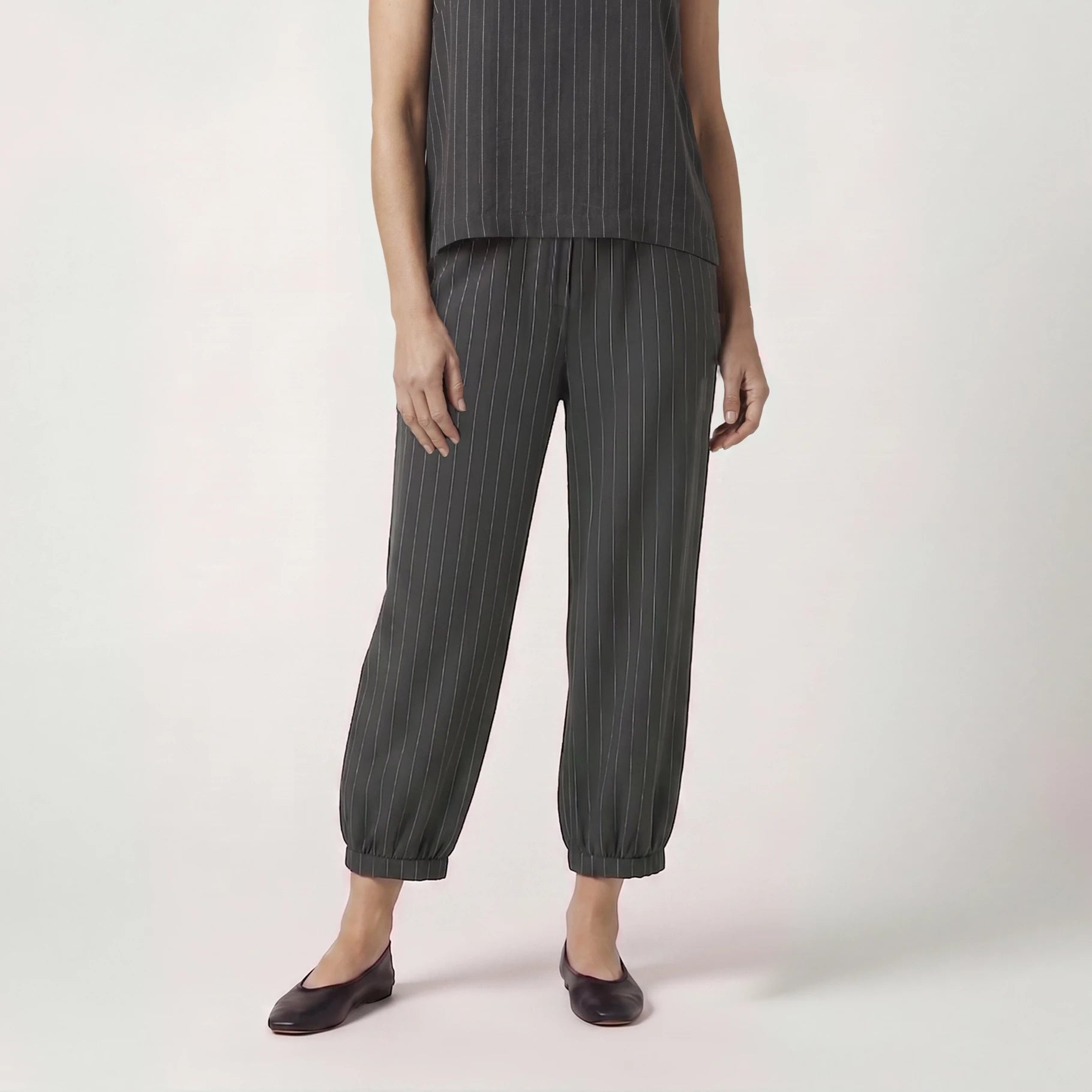 Linen Pinstripe Cropped Barrel Leg Trouser