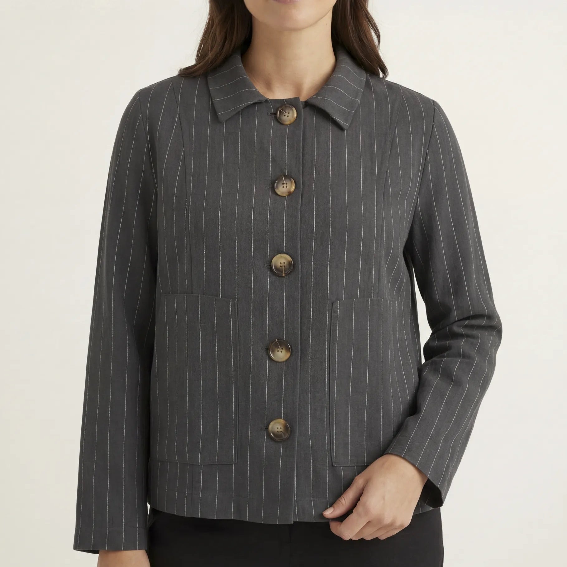 Linen Pinstripe Boxy Collar Jacket