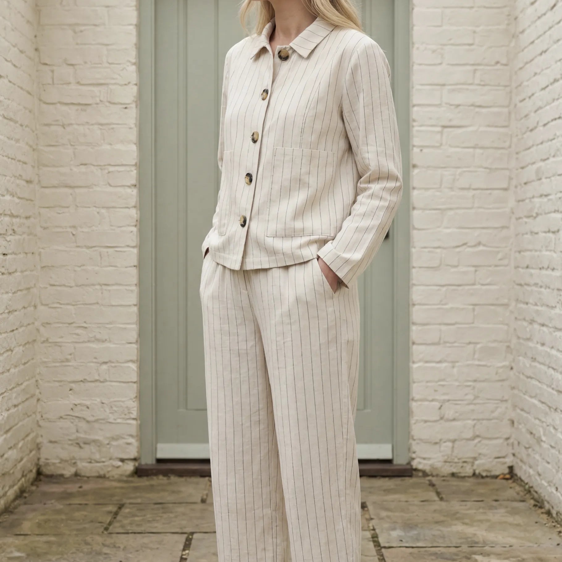 Linen Pinstripe Boxy Collar Jacket
