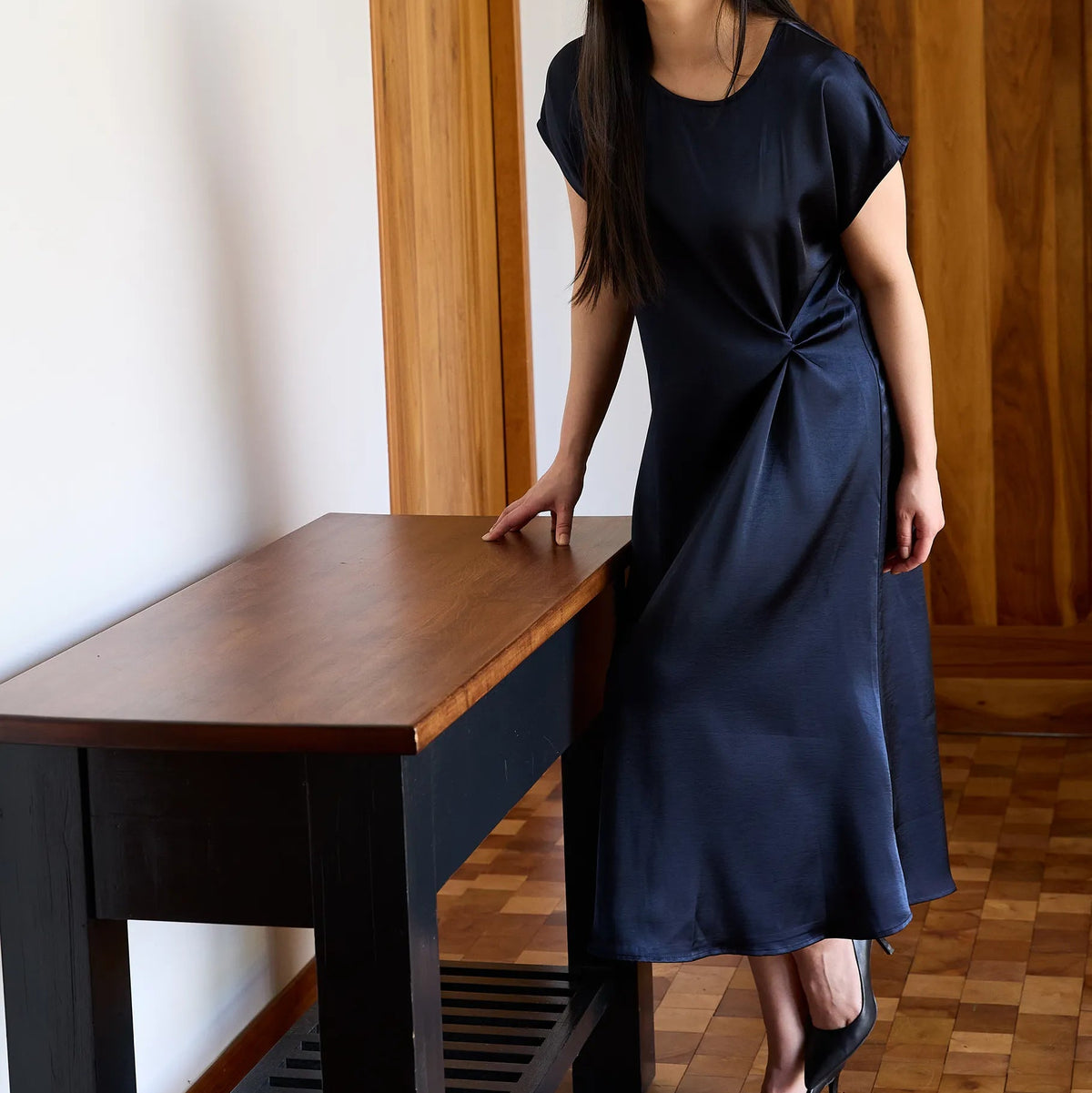 Textured Satin Twist Front Dress
