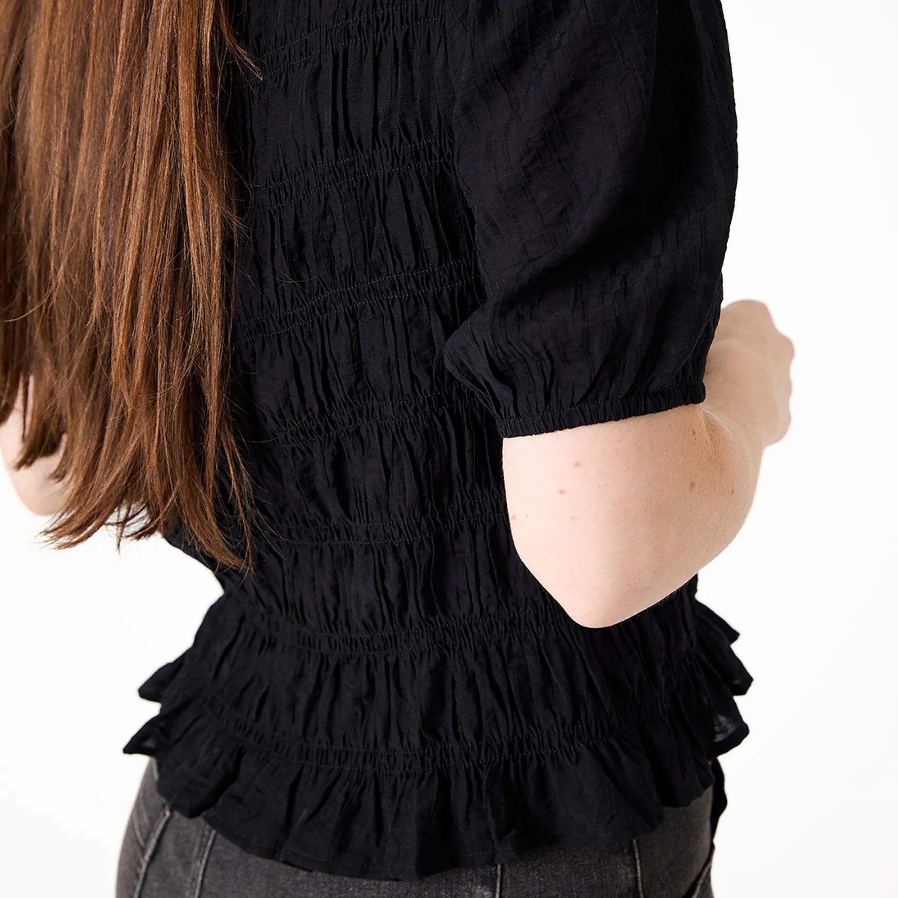 Textured Shirred Bodice Short Sleeve Blouse