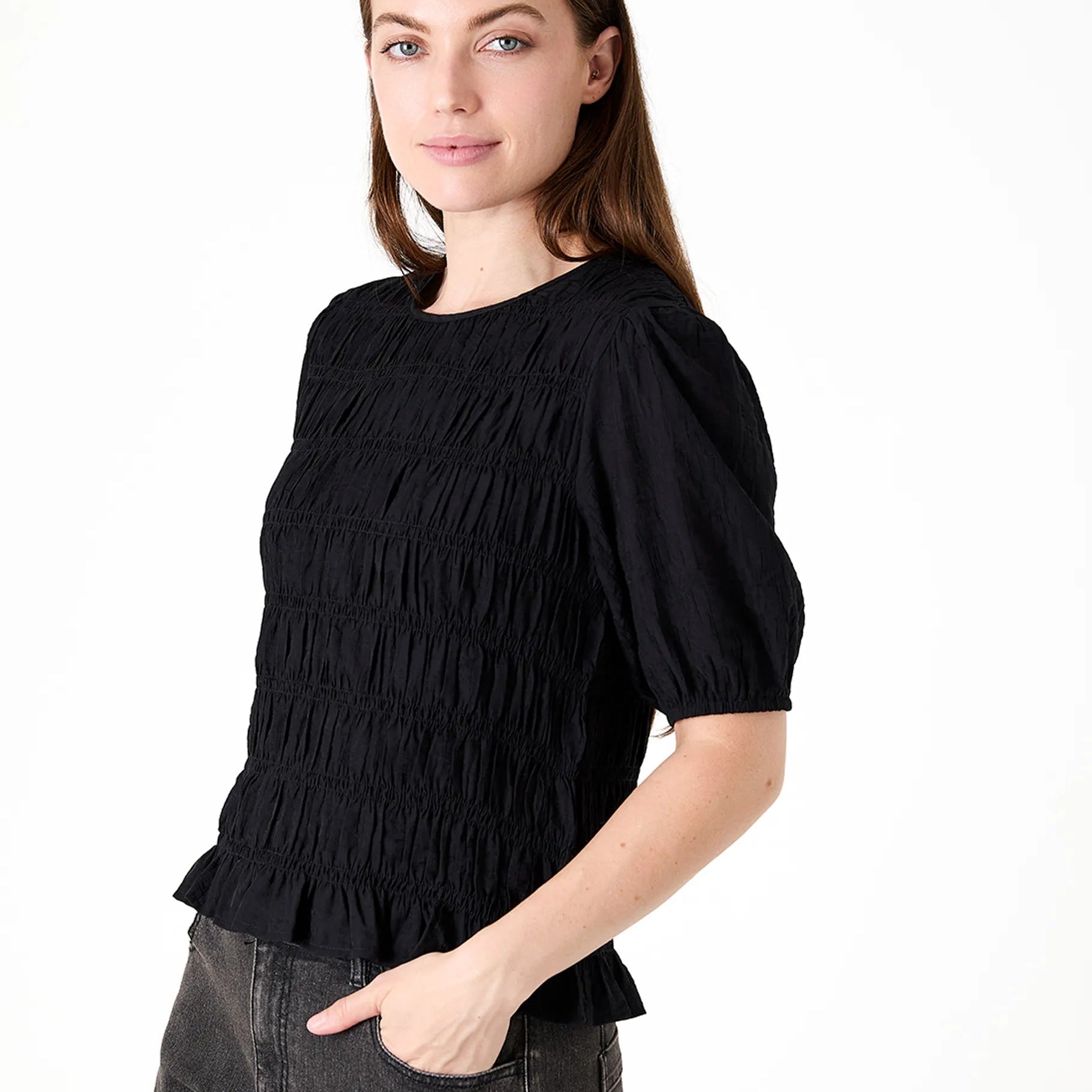 Textured Shirred Bodice Short Sleeve Blouse