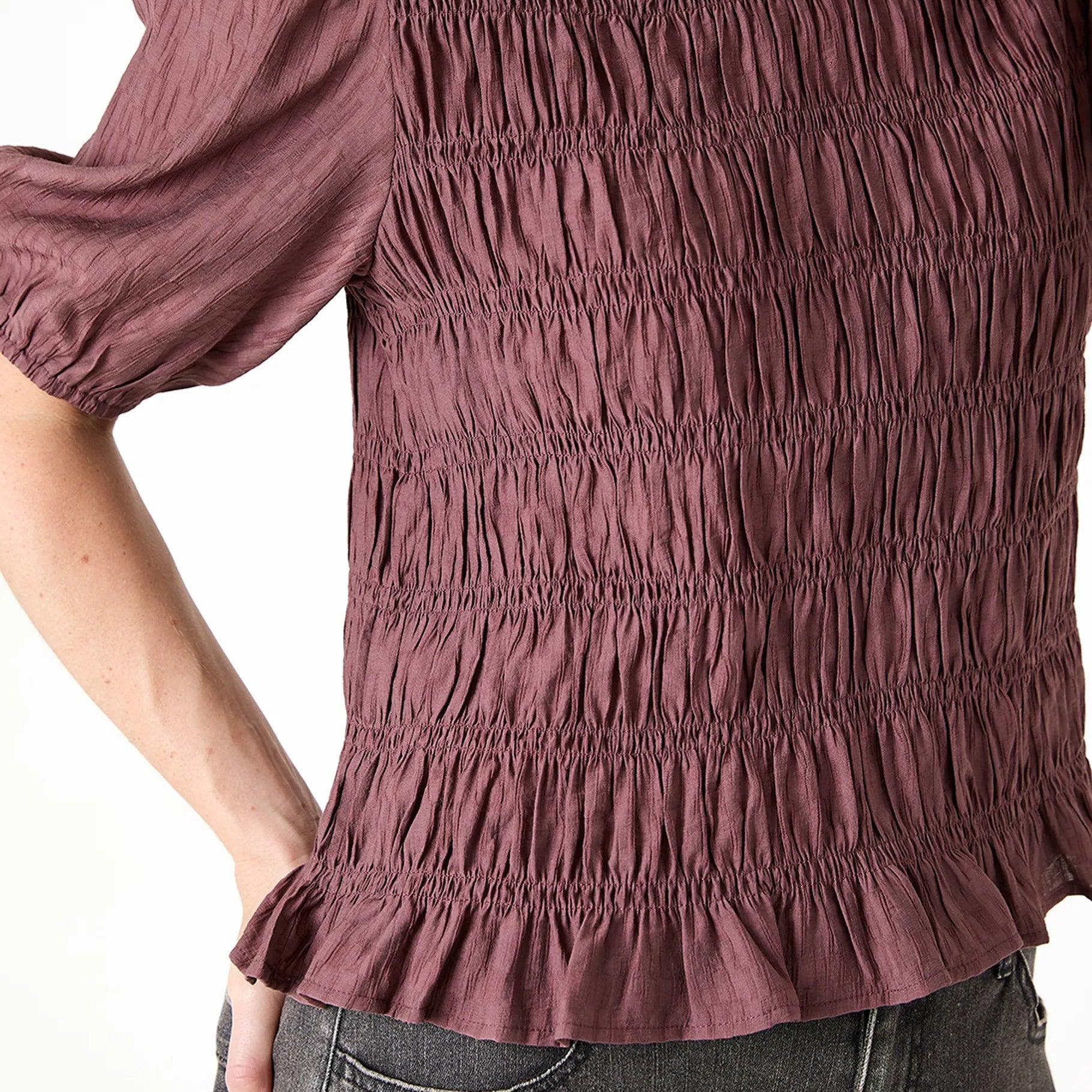 Textured Shirred Bodice Short Sleeve Blouse