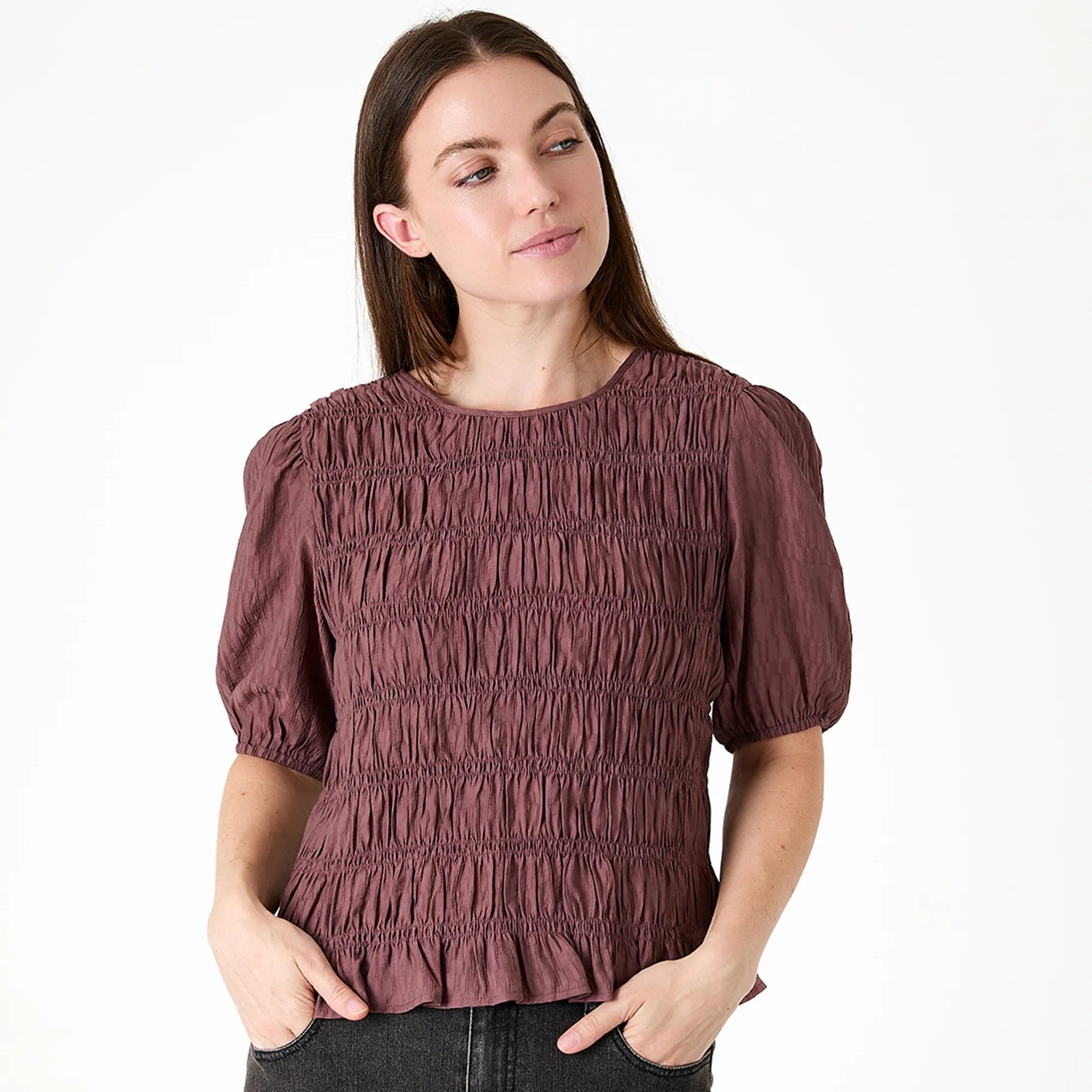 Textured Shirred Bodice Short Sleeve Blouse