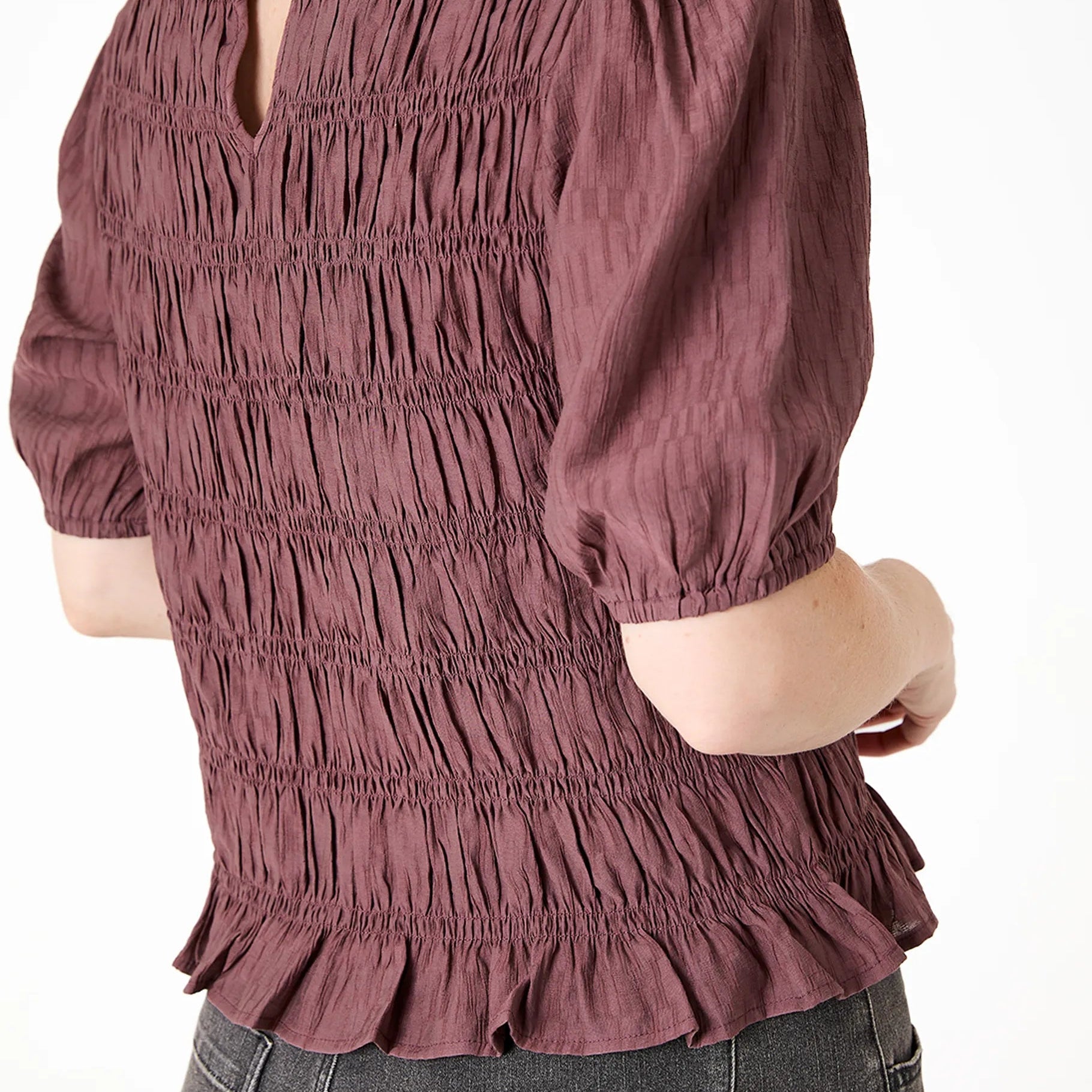 Textured Shirred Bodice Short Sleeve Blouse