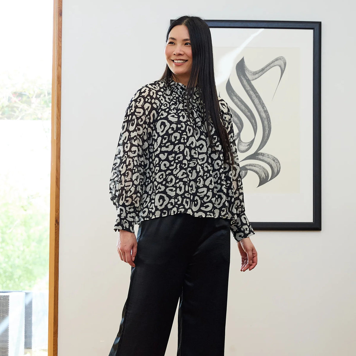 Painterly Leopard High Neck Blouse