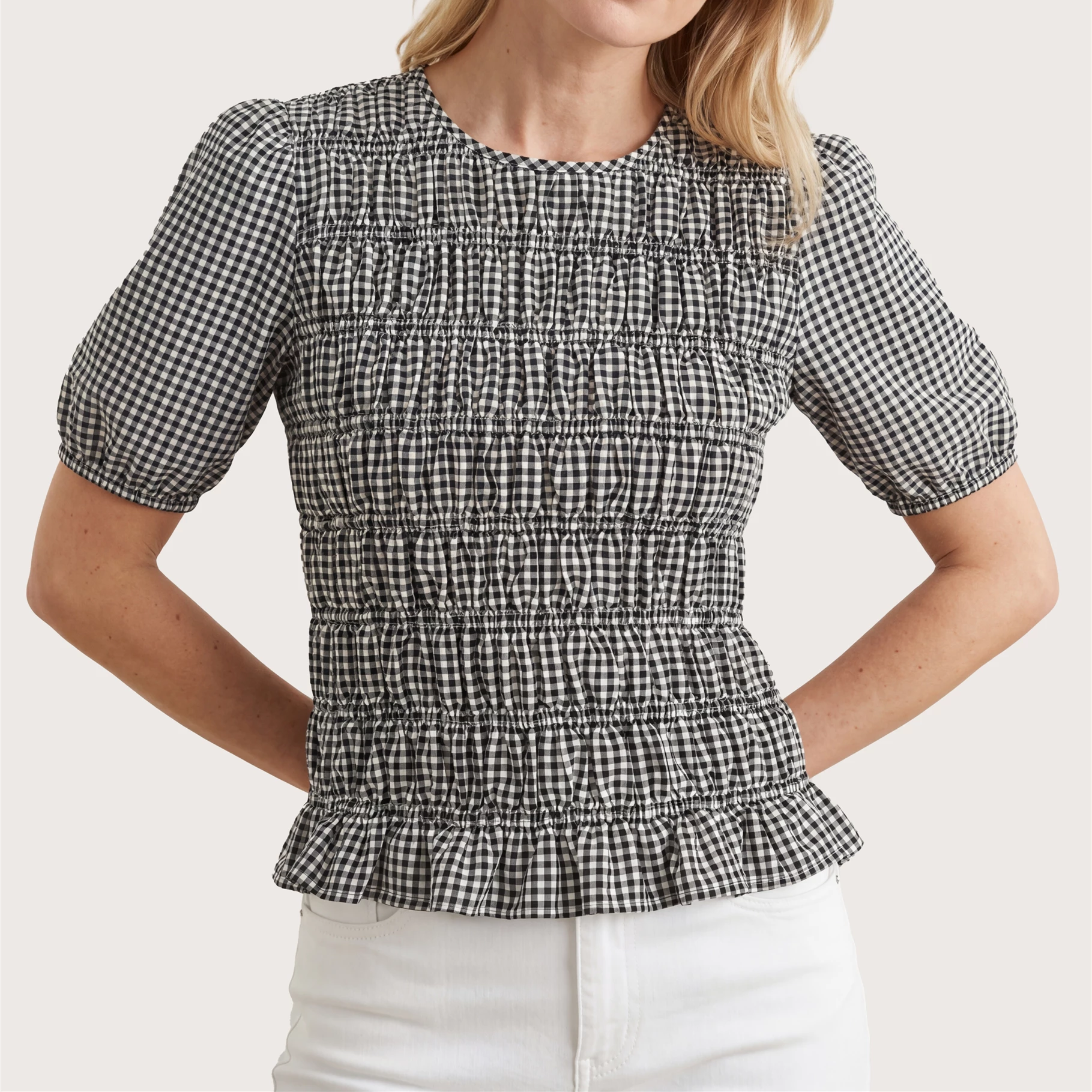 Gingham Check Shirred Bodice Top