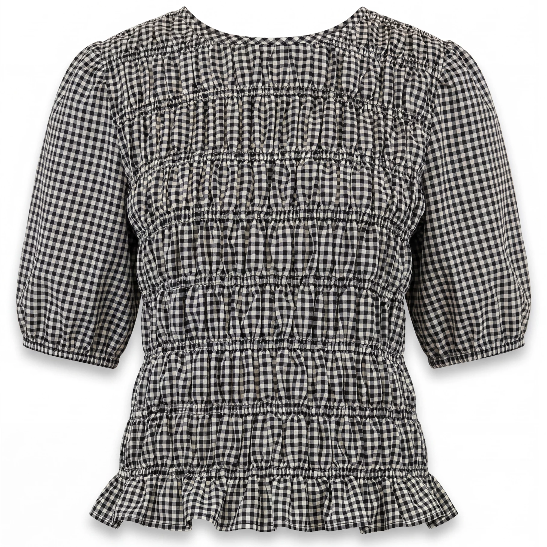 Gingham Check Shirred Bodice Top