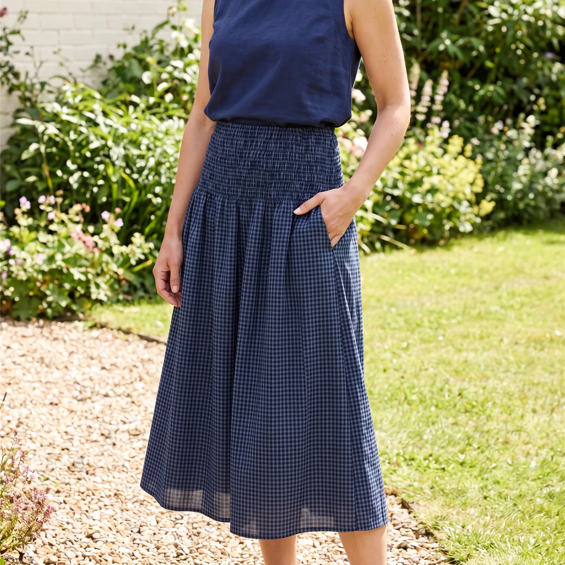 Gingham Check Shirred Skirt