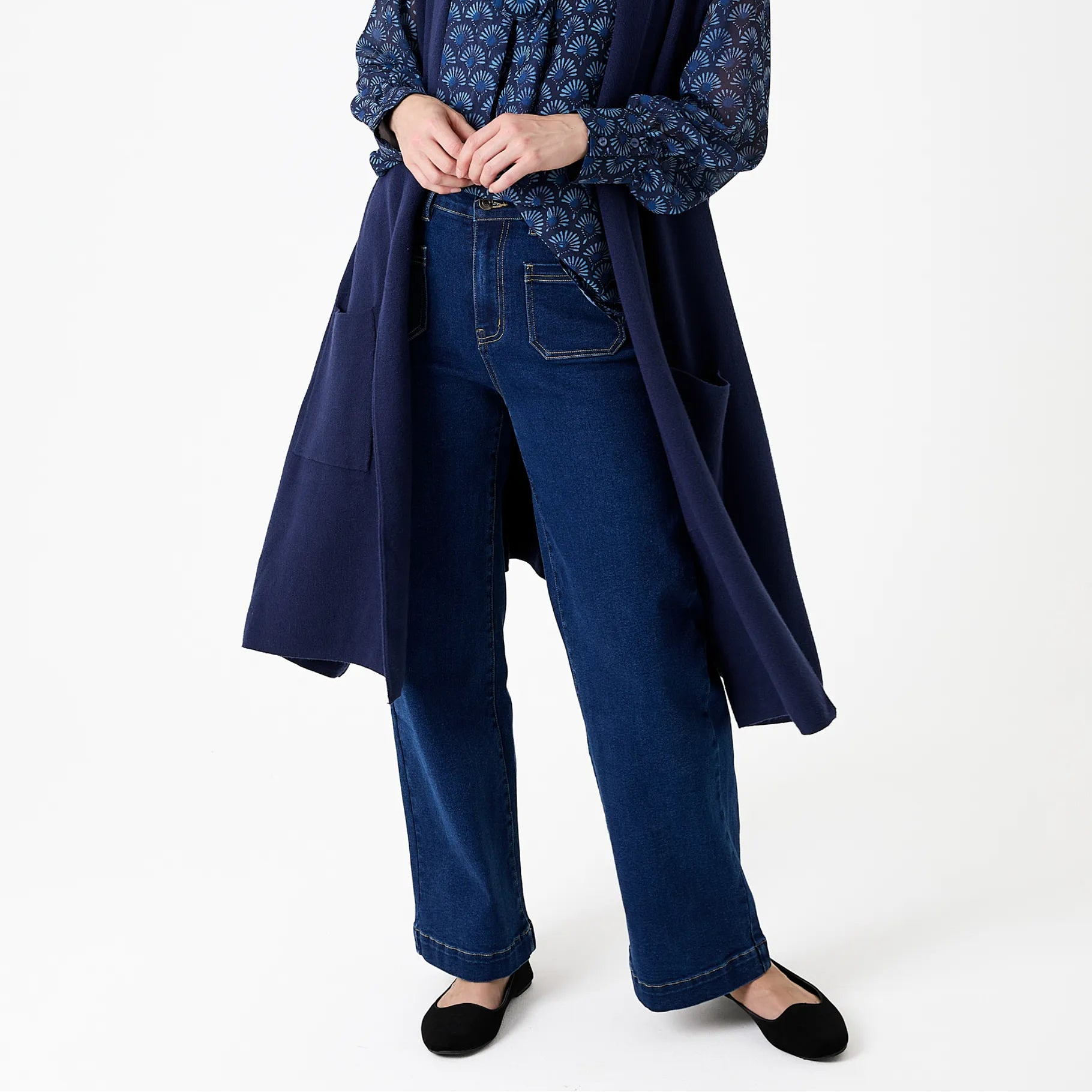 Denim Patch Pocket Front Wide Leg Jean