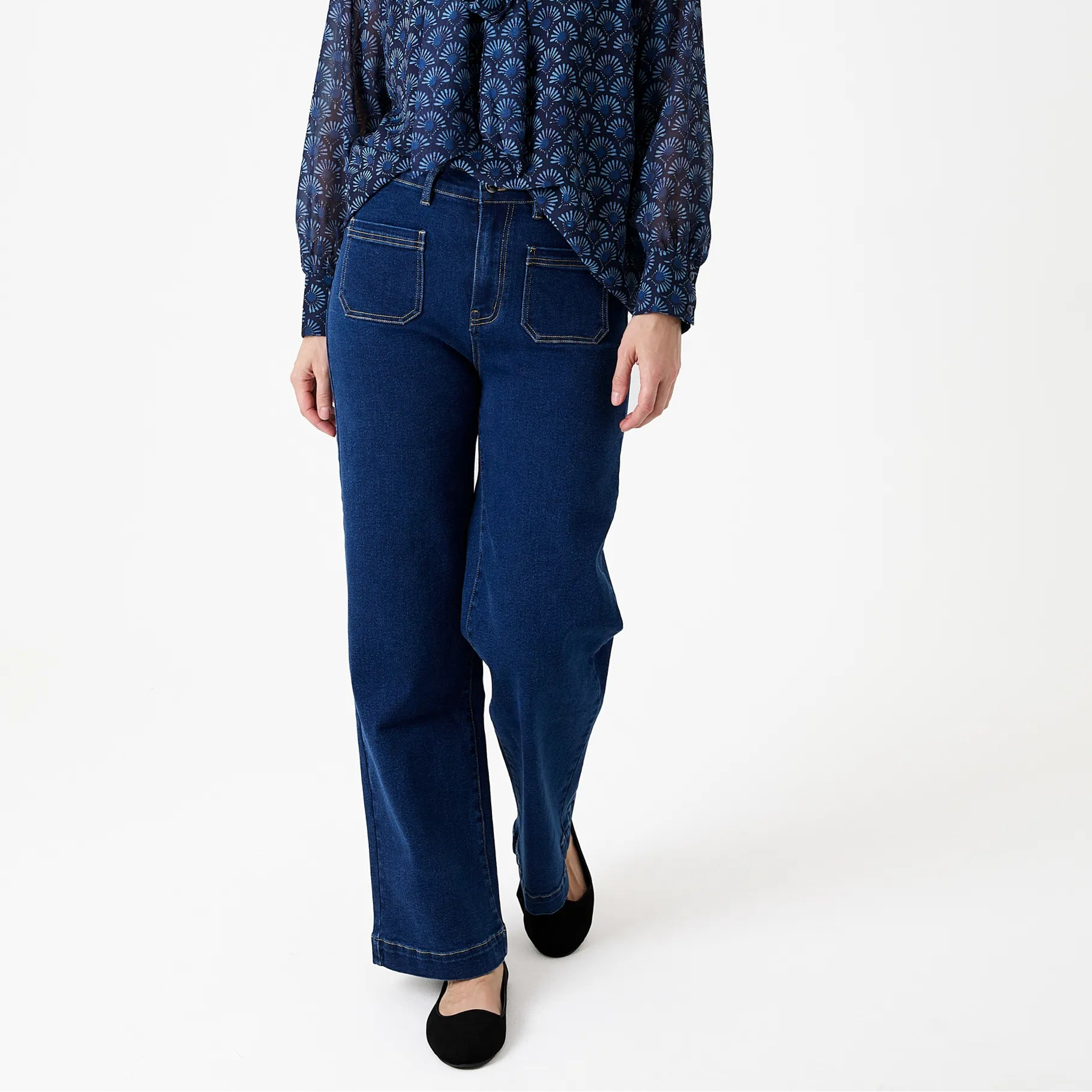 Denim Patch Pocket Front Wide Leg Jean