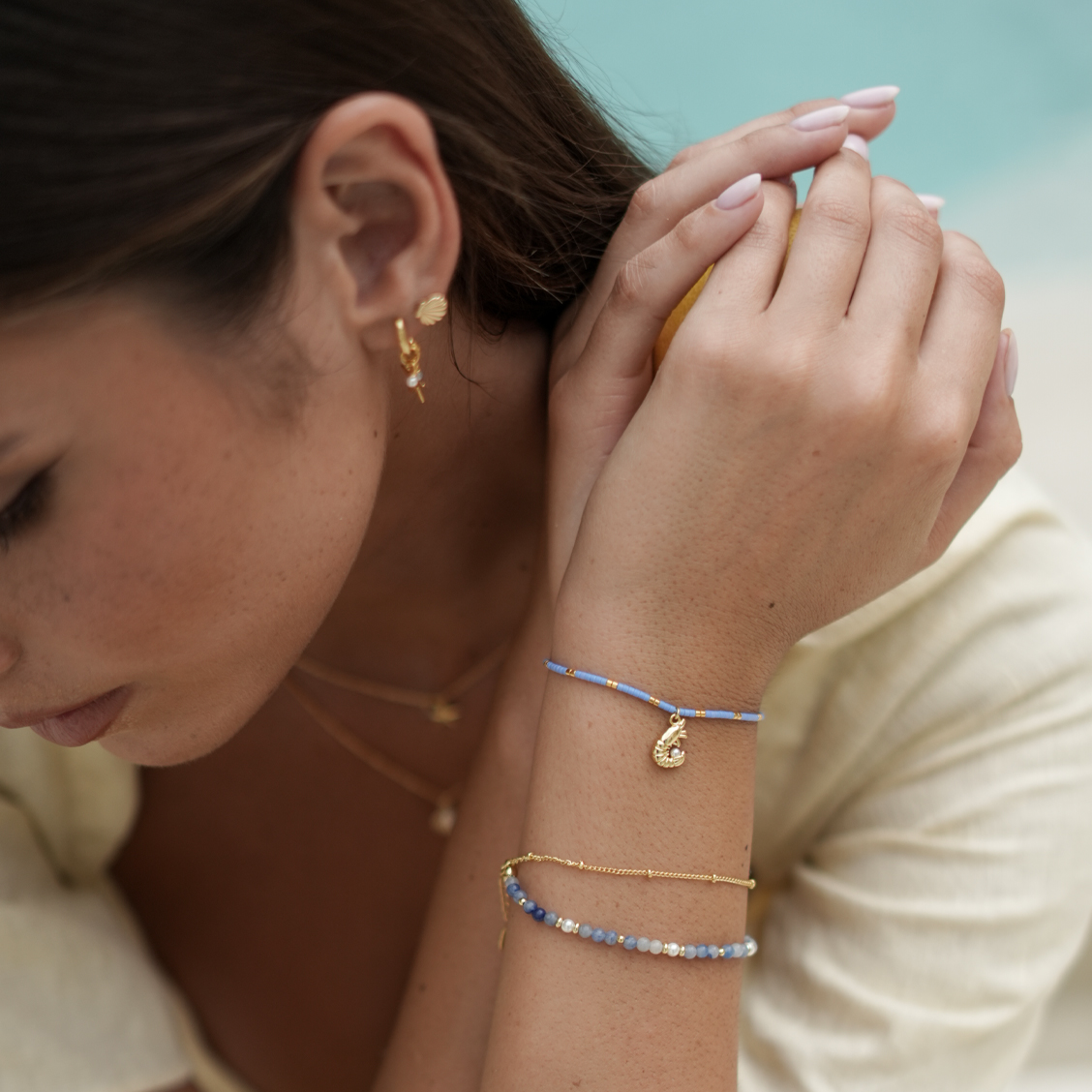 Estella Bartlett 'Follow the Fun' Mixed Pearl and Blue Aventurine Beaded Chain Duo Bracelet