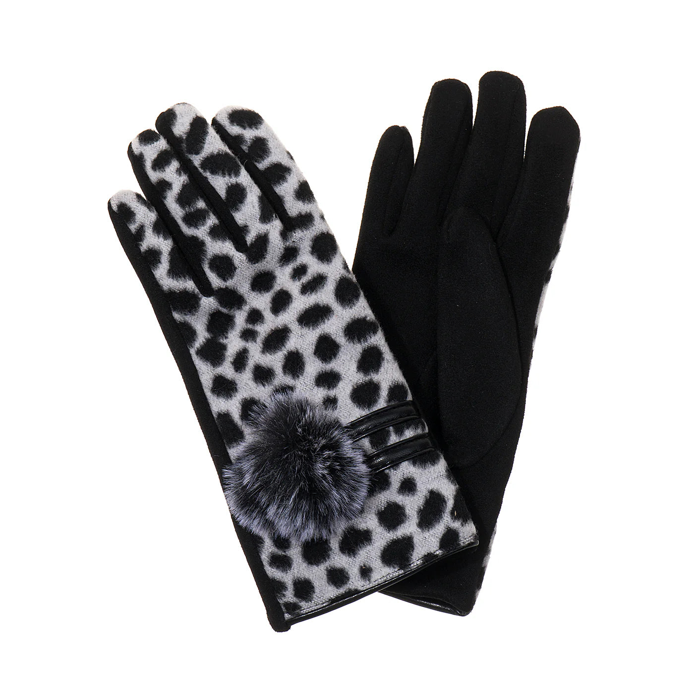 Grey Leopard Print Pom Pom Gloves