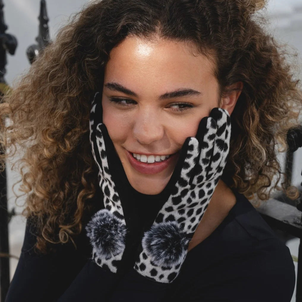 Grey Leopard Print Pom Pom Gloves