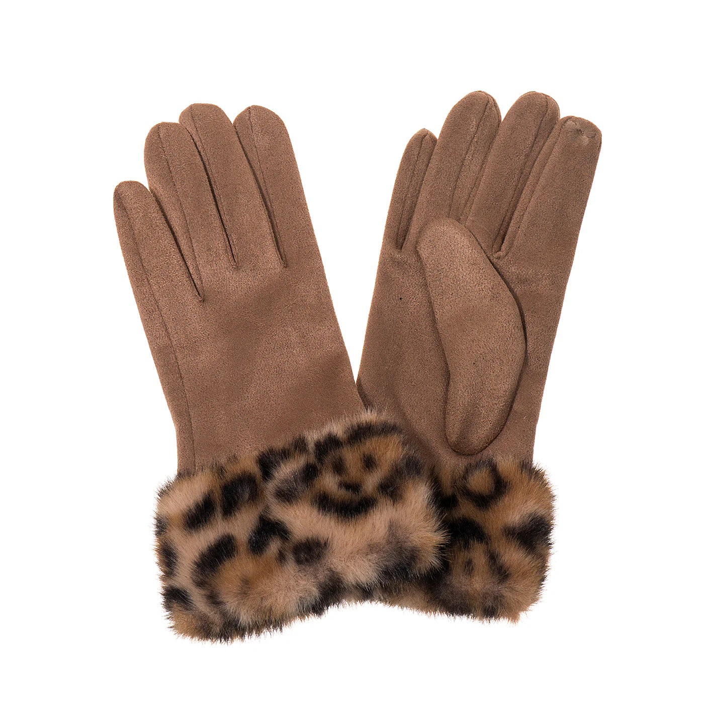 Suede Gloves with Faux Fur Leopard Print Trim