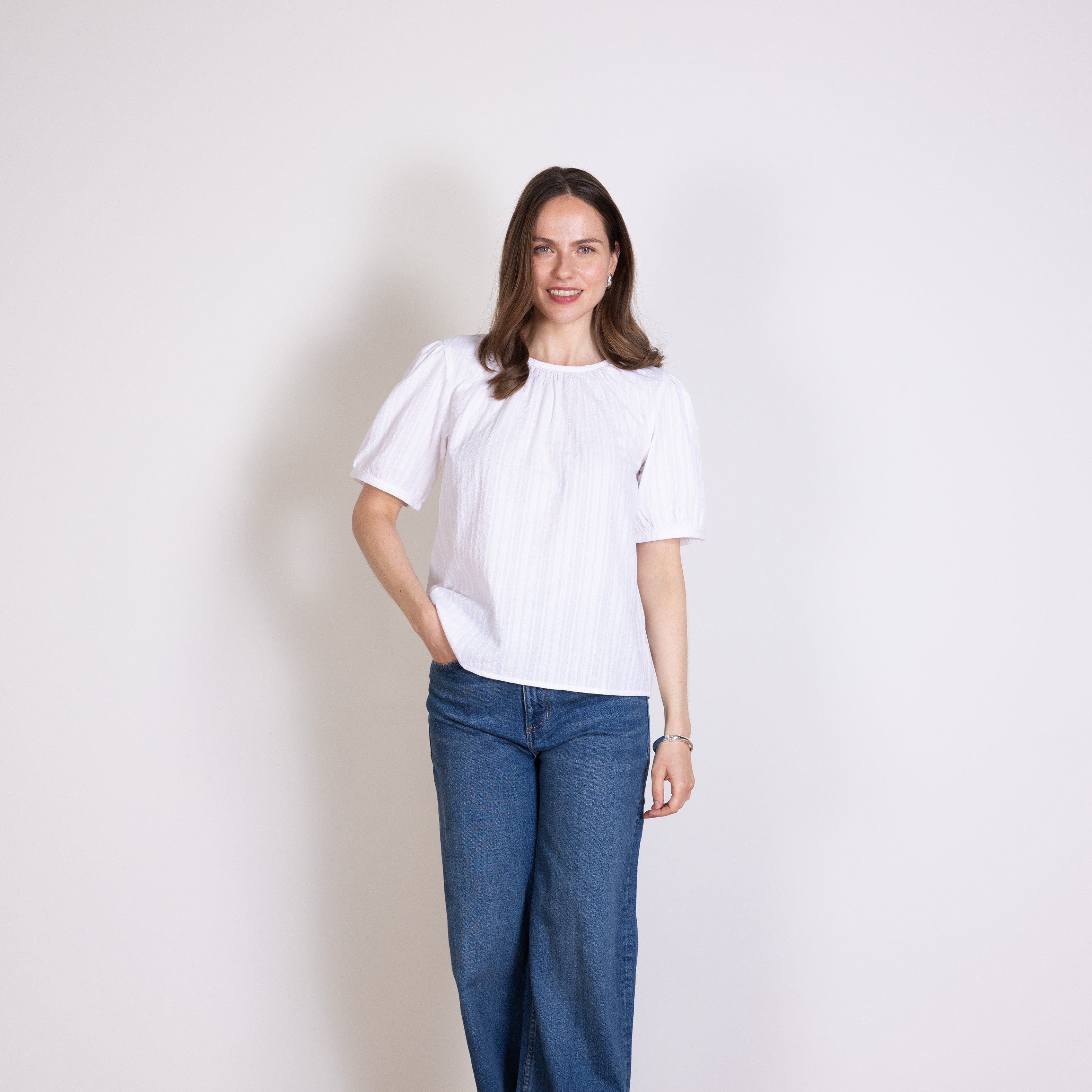 Plain Textured Cotton Puff Sleeve Top