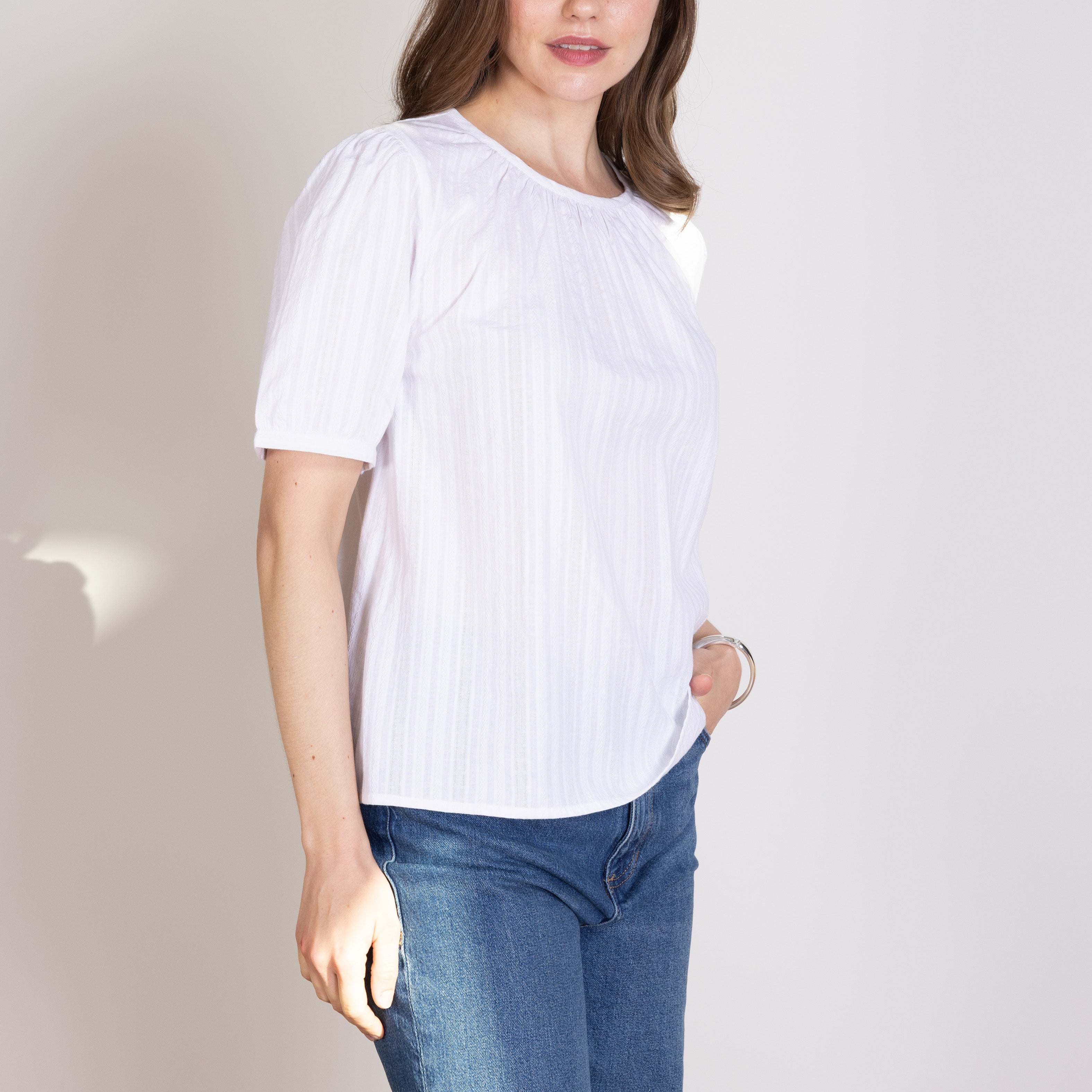 Plain Textured Cotton Puff Sleeve Top