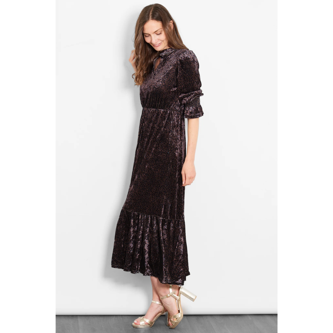 Pandora V Neck Leopard Velvet Midaxi Dress