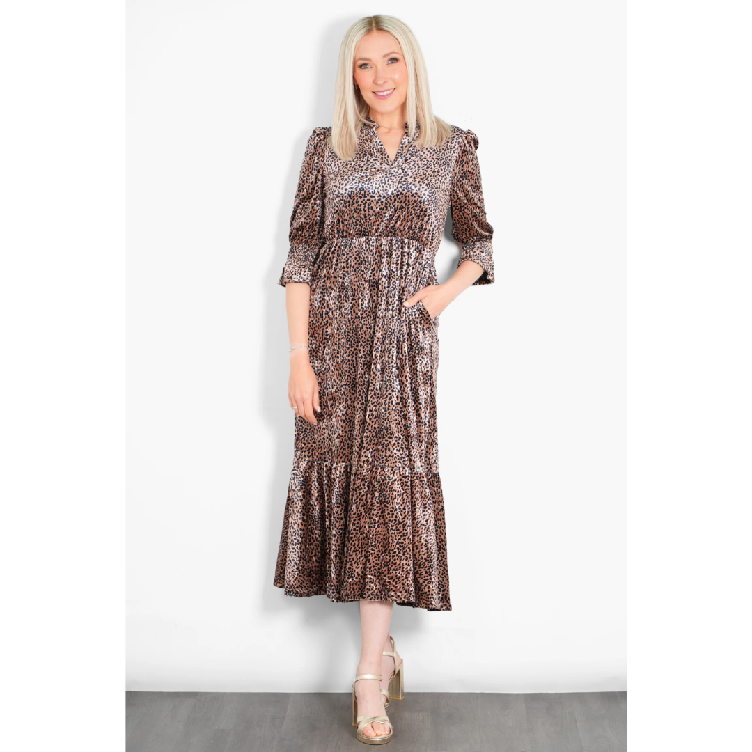 Pandora V Neck Leopard Velvet Midaxi Dress