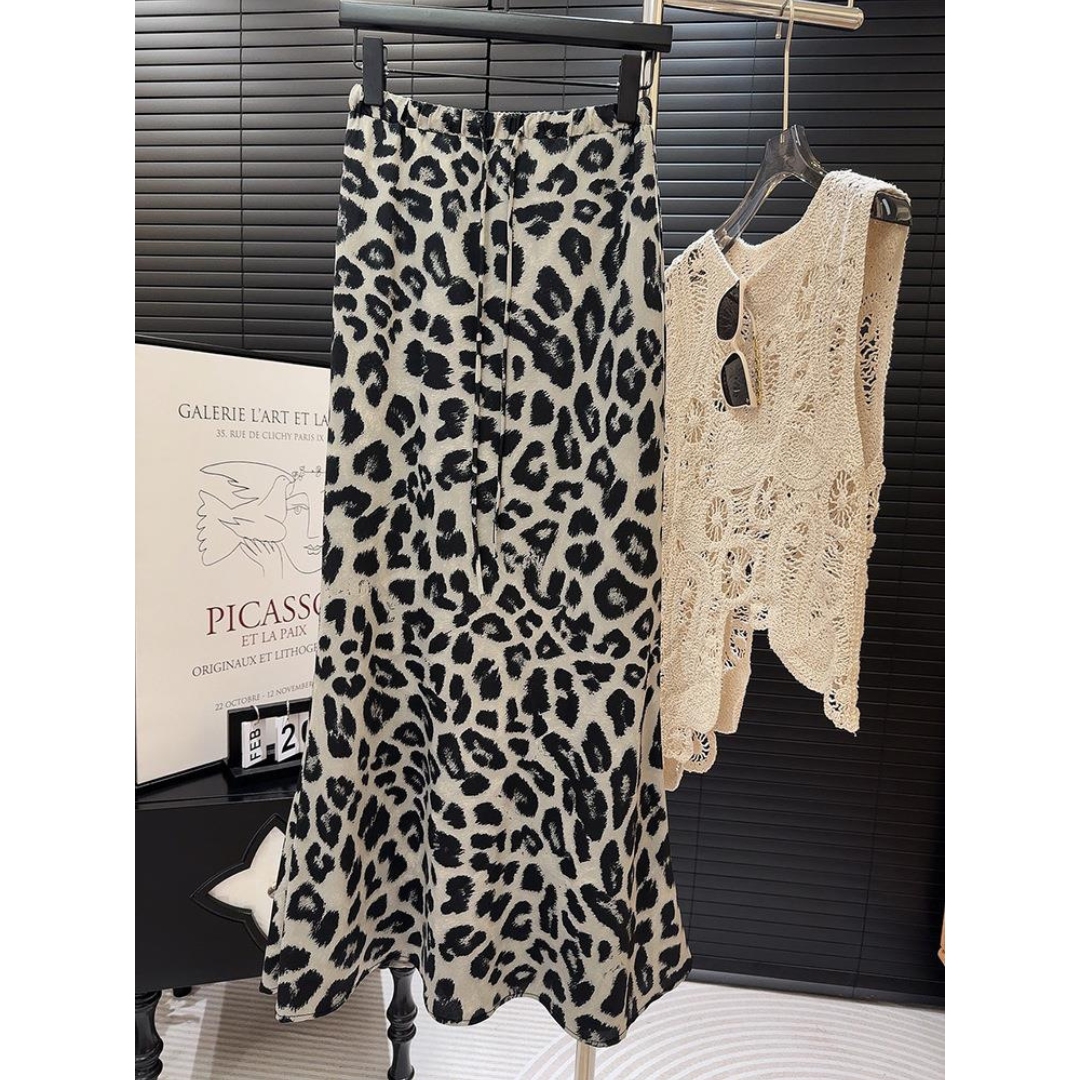 White Leaf Leopard Print Skirt with Drawstring Waist