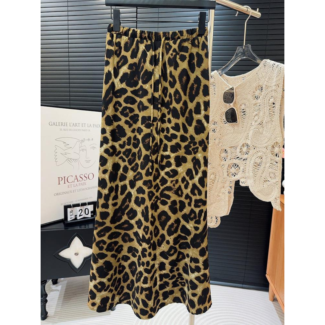 White Leaf Leopard Print Skirt with Drawstring Waist