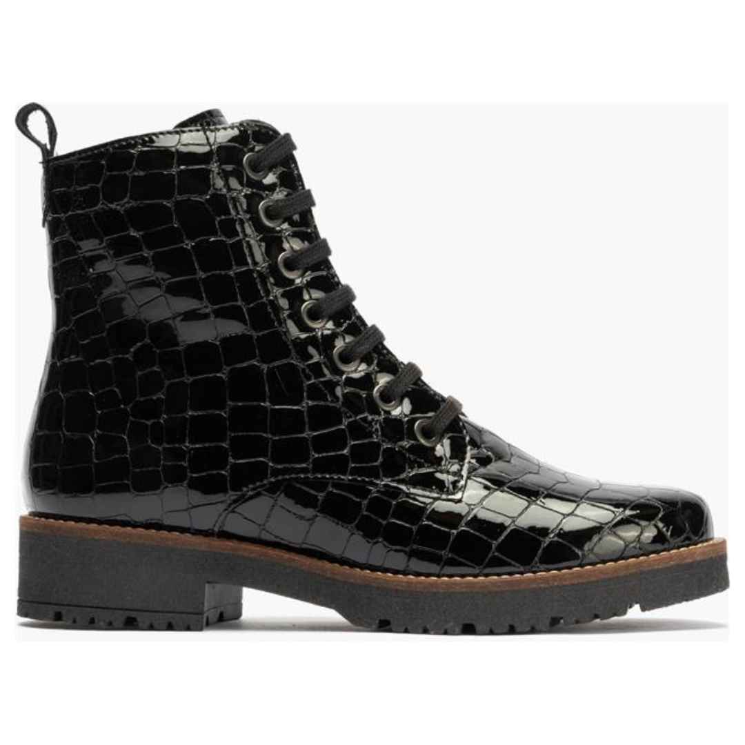 Pitillos Crocodile Print Patent Black Lace Up Boots