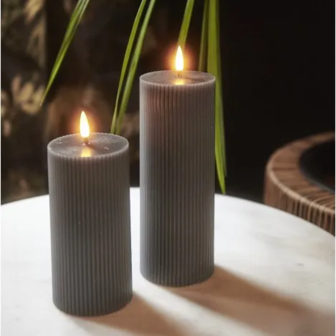 Set Of Two Ribbed Pillar Candles - Grey