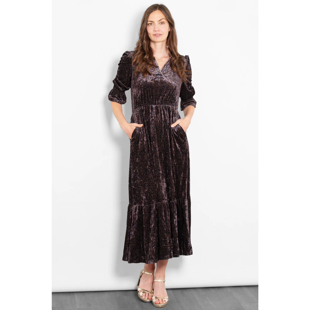 Pandora V Neck Leopard Velvet Midaxi Dress