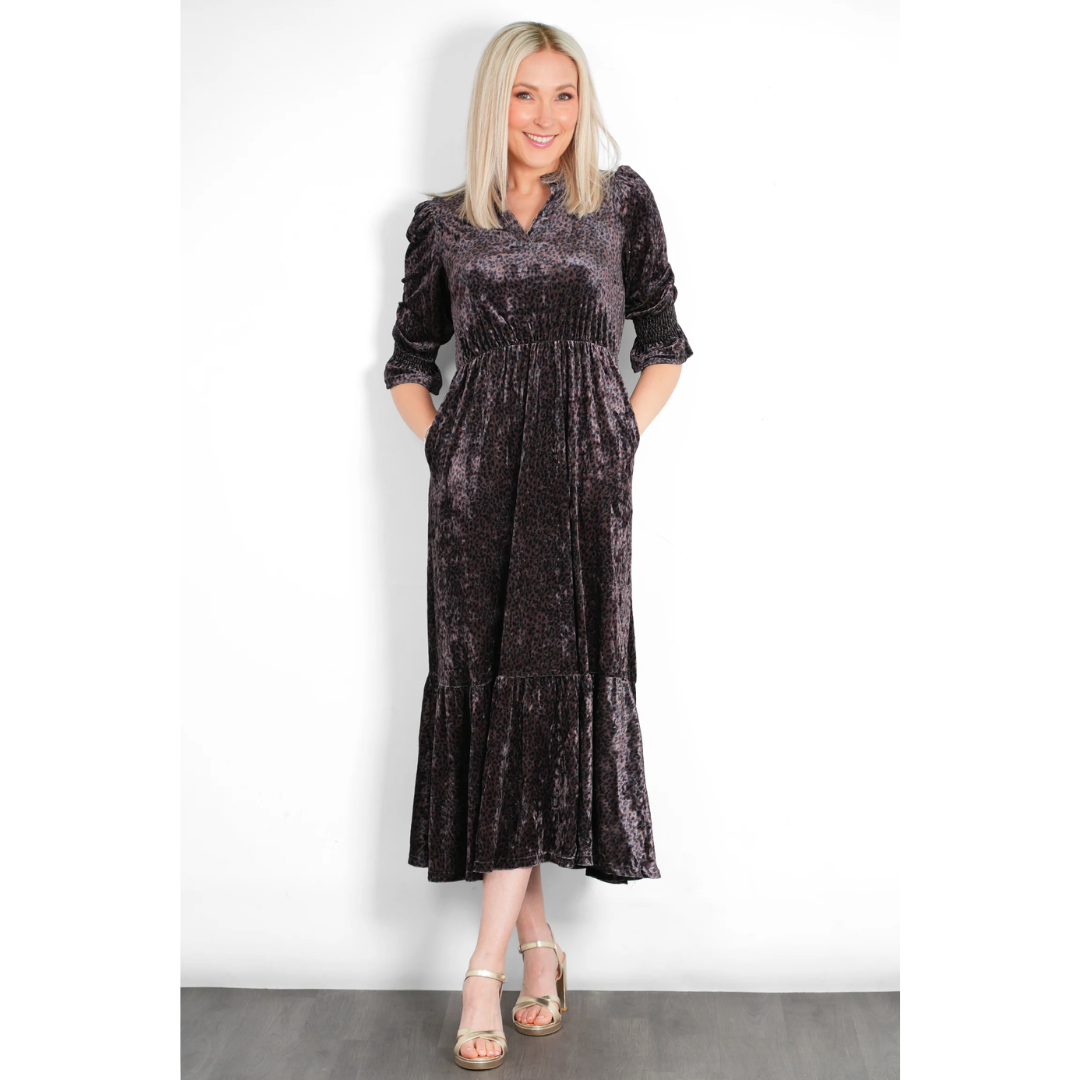 Pandora V Neck Leopard Velvet Midaxi Dress