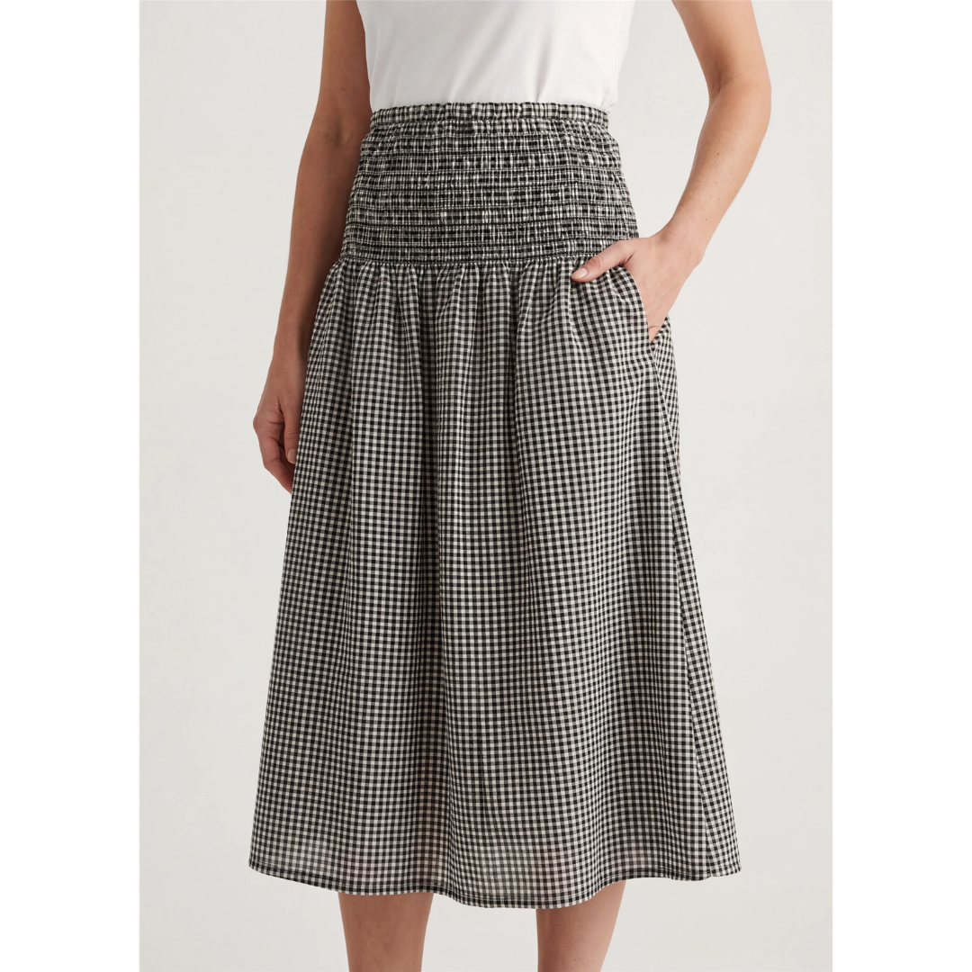 Gingham Check Shirred Skirt