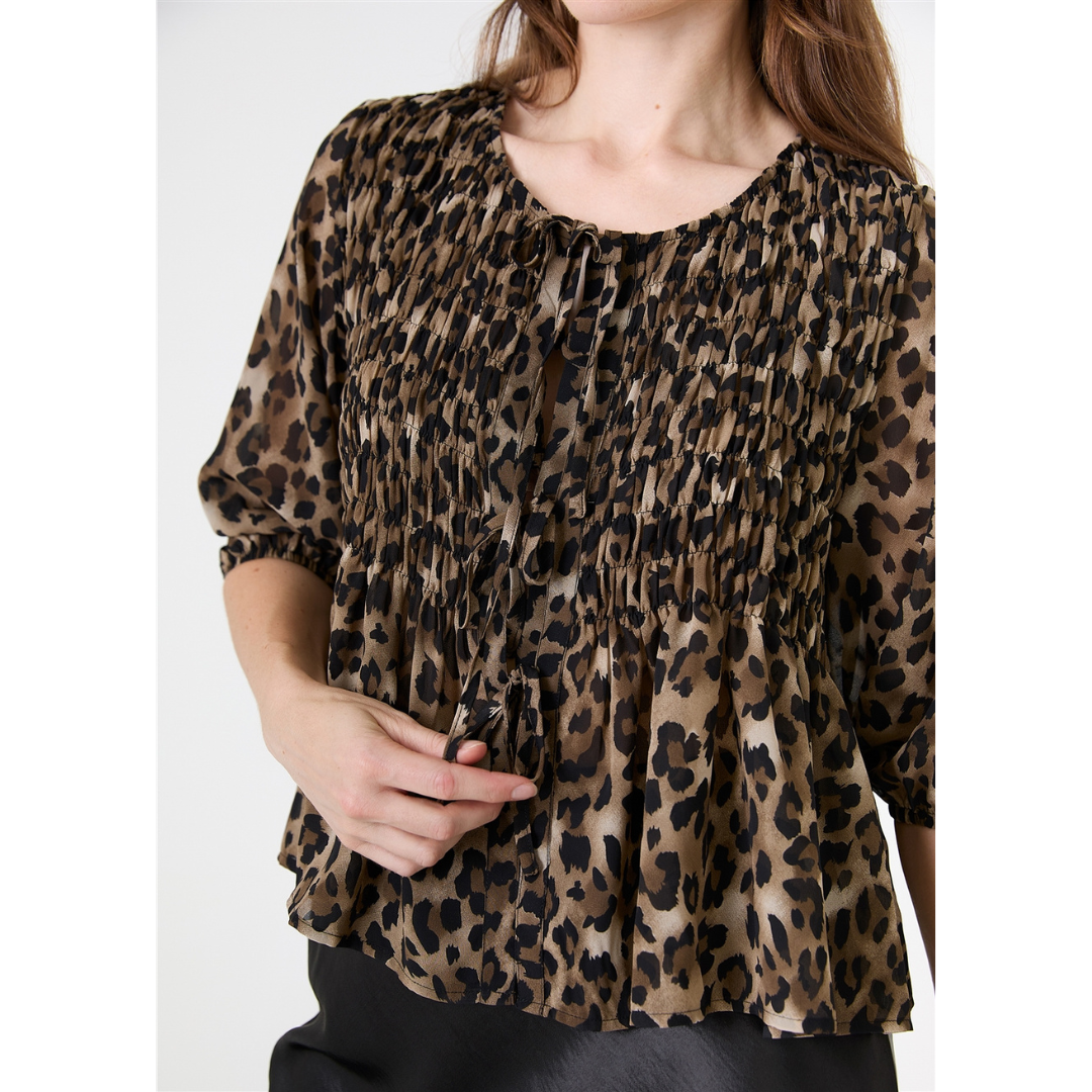 Leopard Print Chiffon Tie Front Shirring Blouse