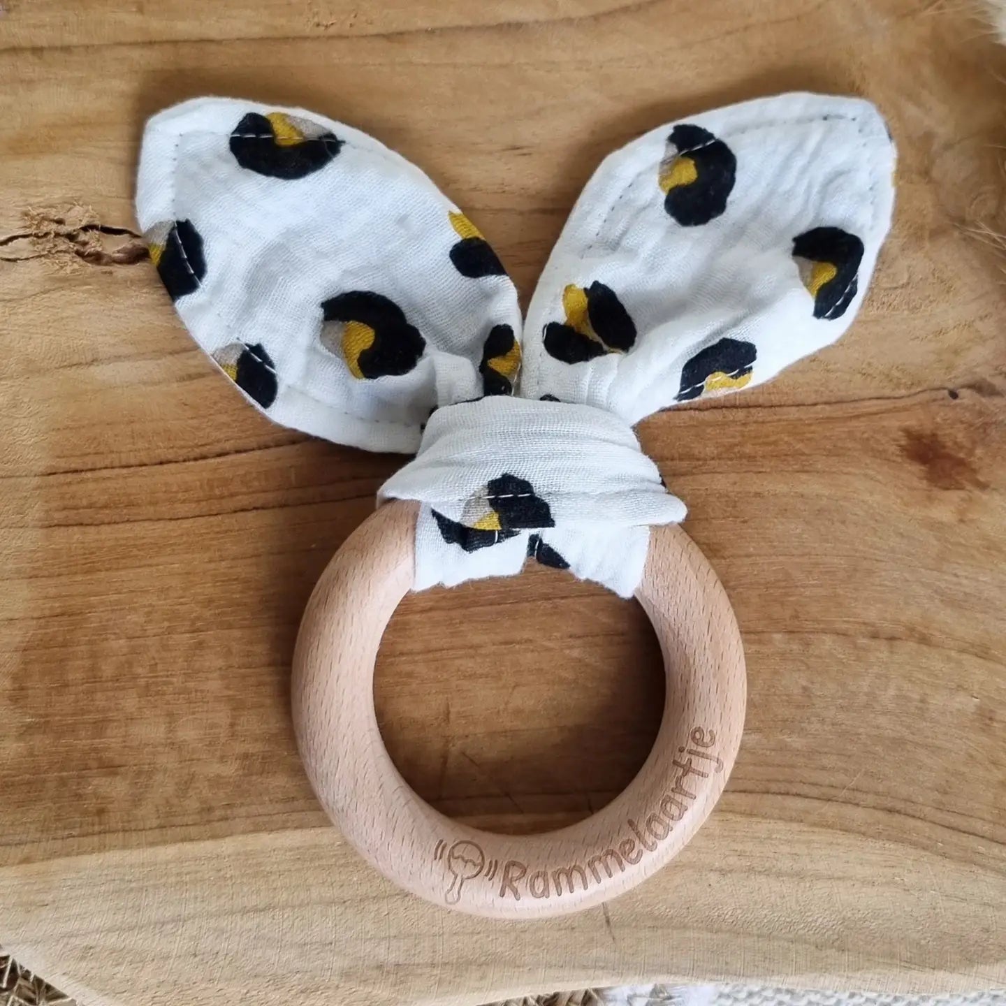 Wooden Teething Ring with Soft Muslin Rabbit Ears